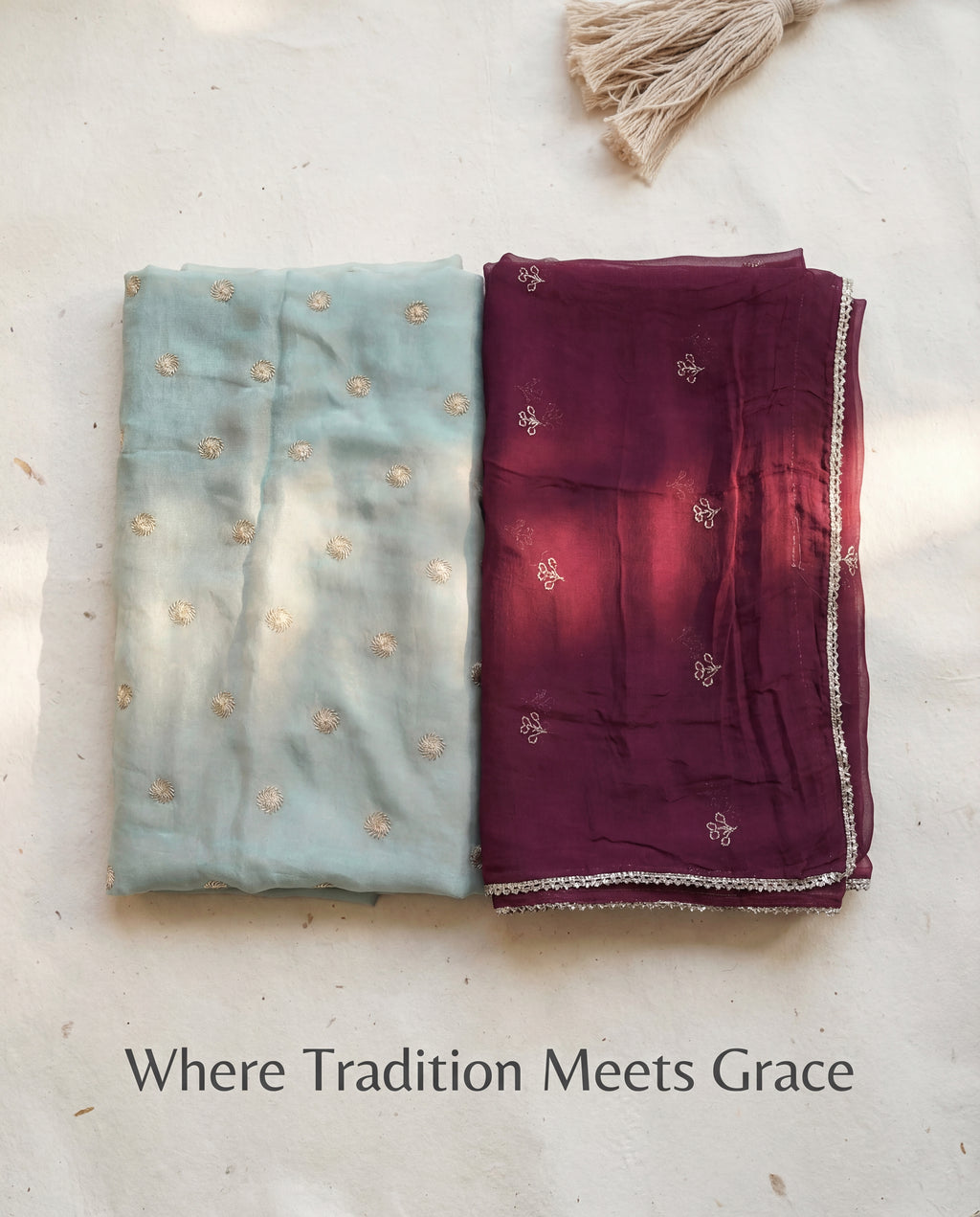 'Firoza' - Pastel Sea Green Gold Buti Rajputi Suit Set + Deep Wine Odhani