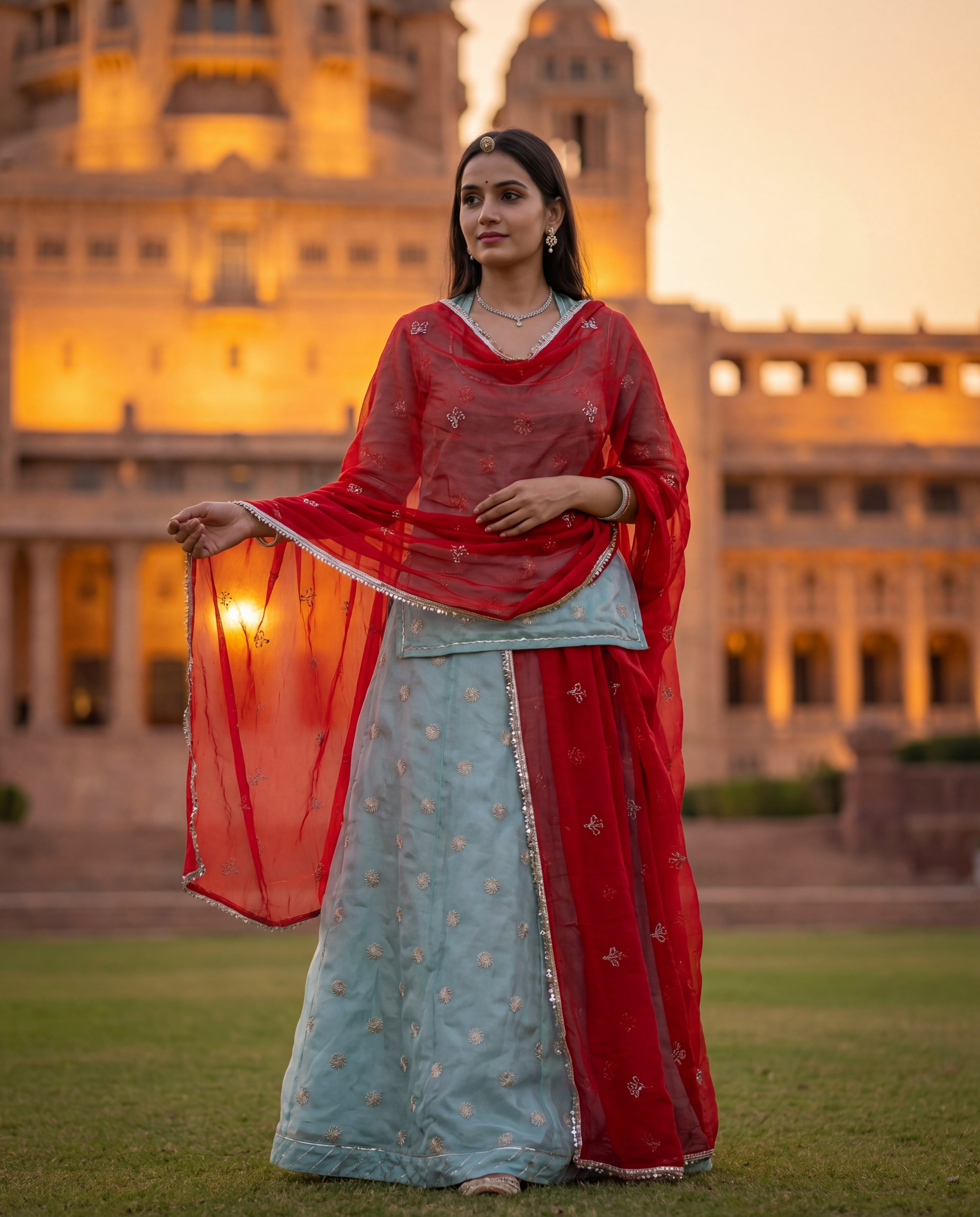 'Firoza' - Sea Green Silver Motif Rajputi Suit Set + Crimson Red Border Odhani