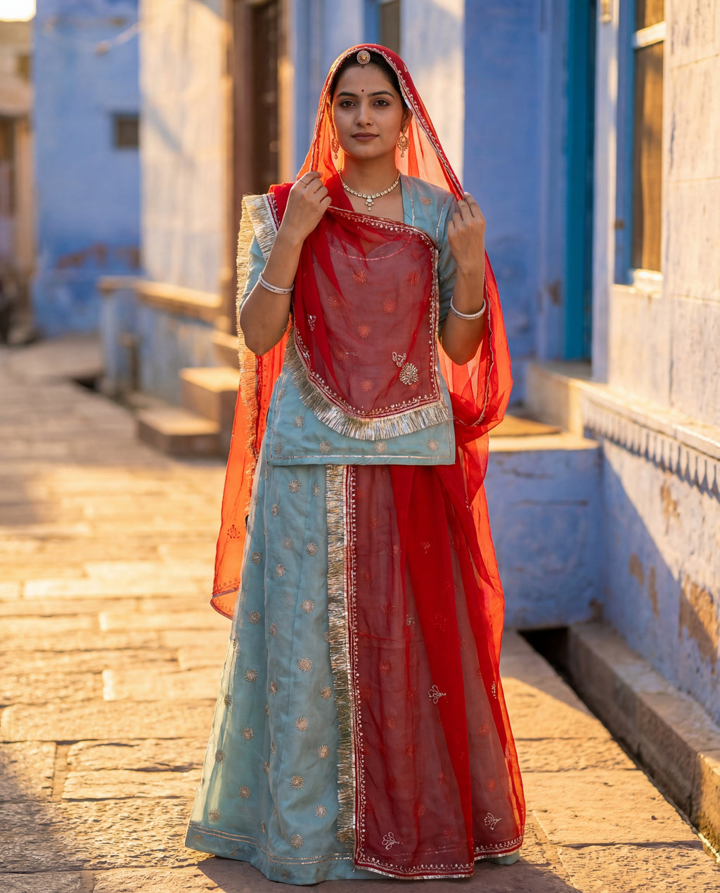 'Firoza' - Sea Green Silver Motif Rajputi Suit Set + Crimson Red Border Odhani