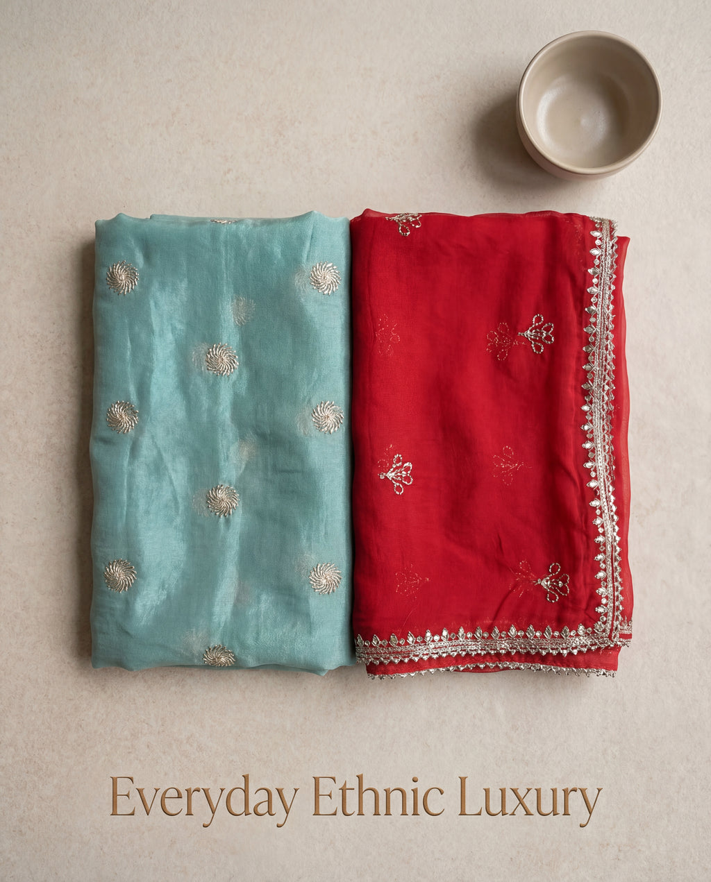 'Firoza' - Sea Green Silver Motif Rajputi Suit Set + Crimson Red Border Odhani