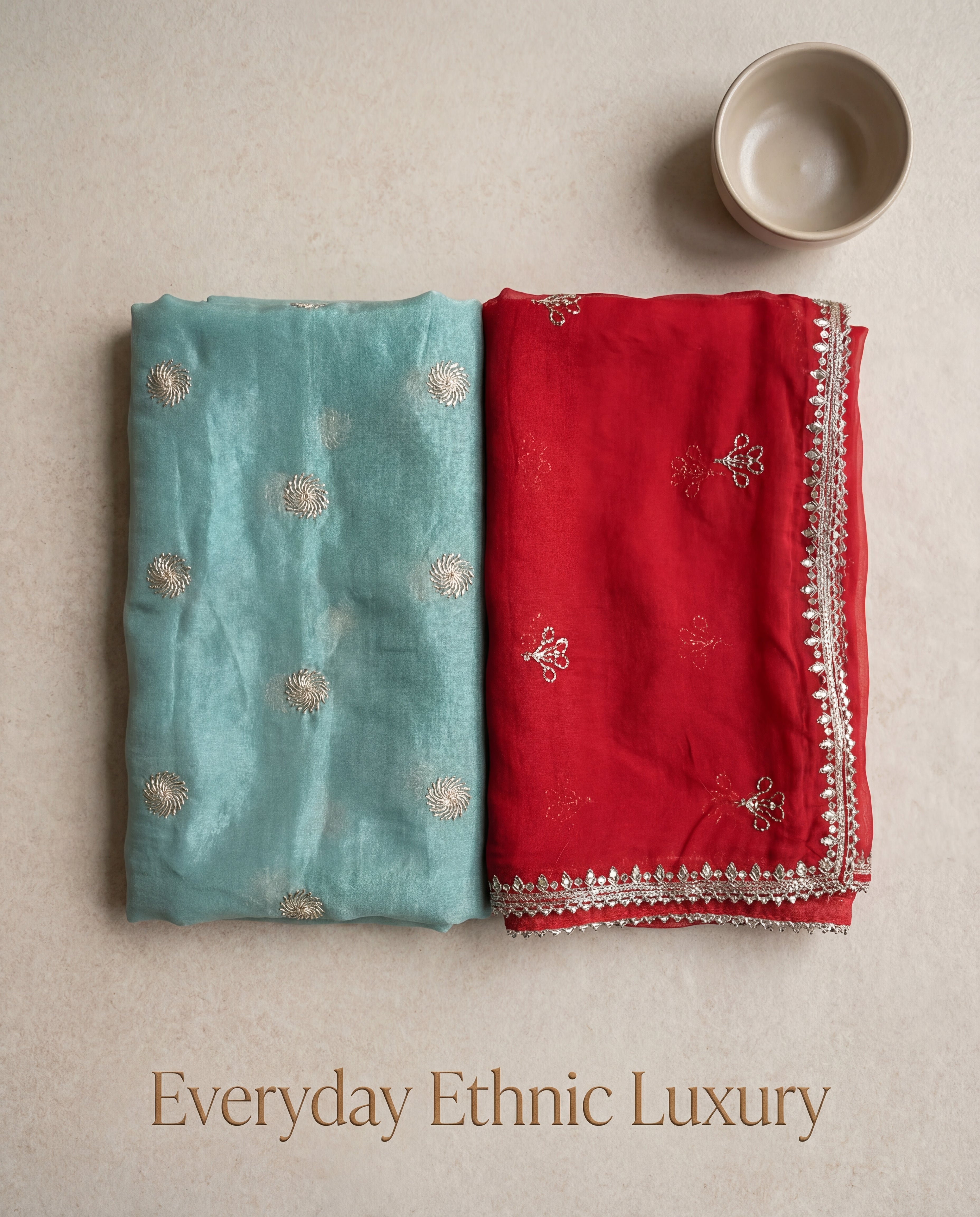 'Firoza' - Sea Green Silver Motif Rajputi Suit Set + Crimson Red Border Odhani