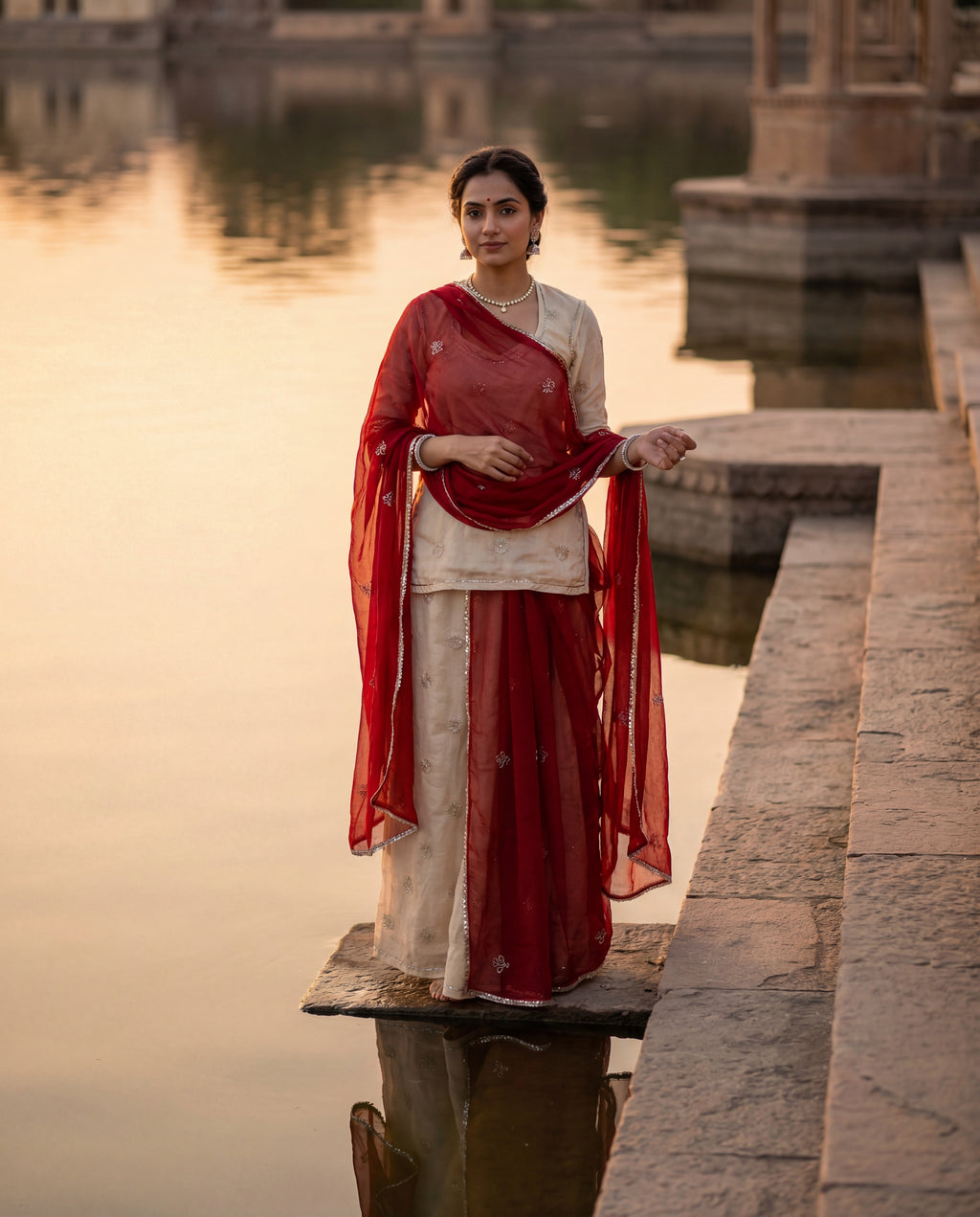 'Chandni' - Cream Silver Buti Rajputi Suit Set + Deep Red Odhani