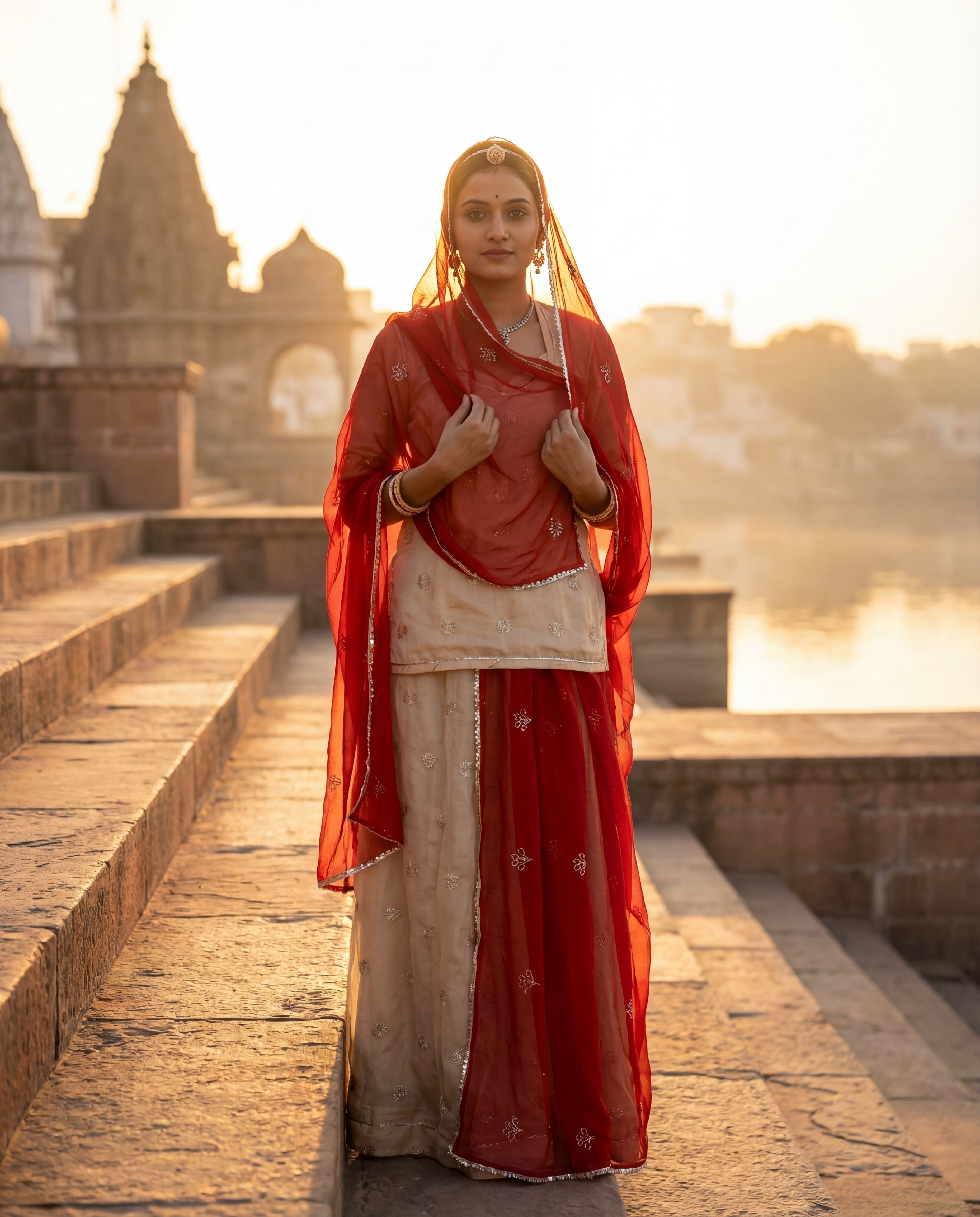 'Chandni' - Cream Silver Buti Rajputi Suit Set + Deep Red Odhani