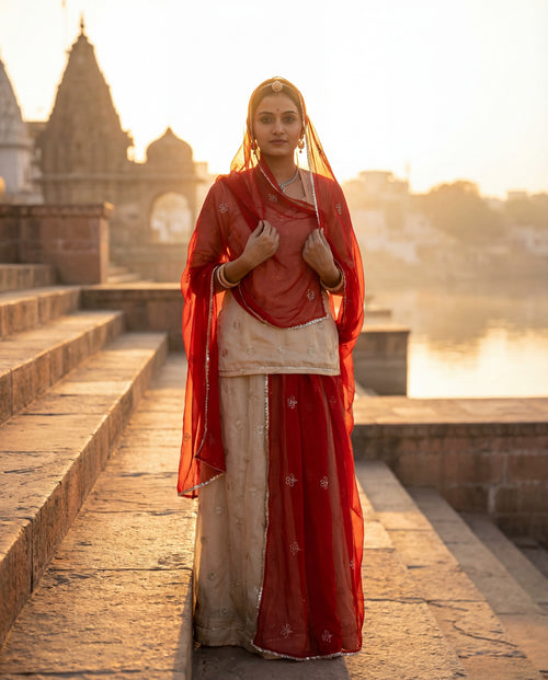'Chandni' - Cream Silver Buti Rajputi Suit Set + Deep Red Odhani