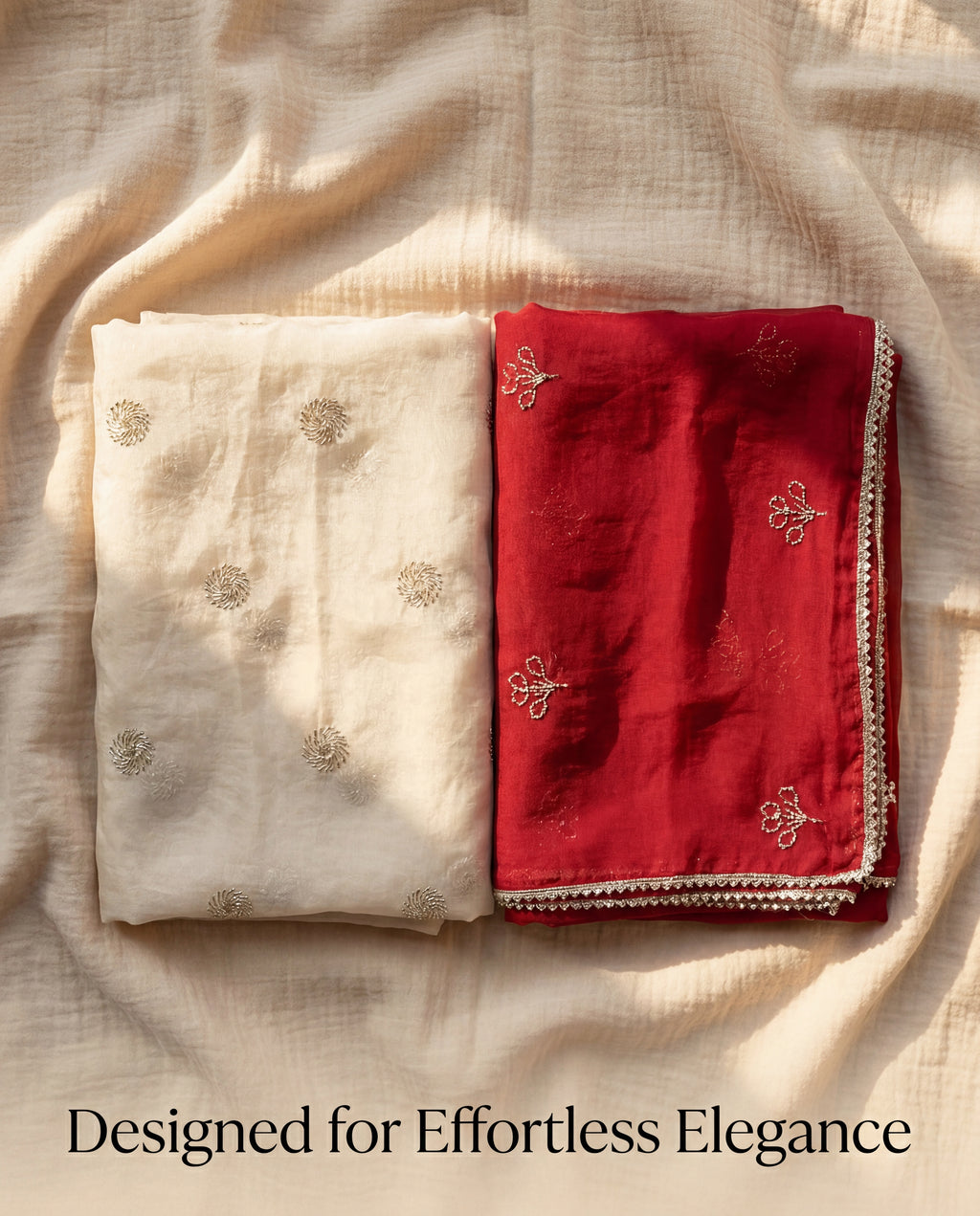 'Chandni' - Cream Silver Buti Rajputi Suit Set + Deep Red Odhani