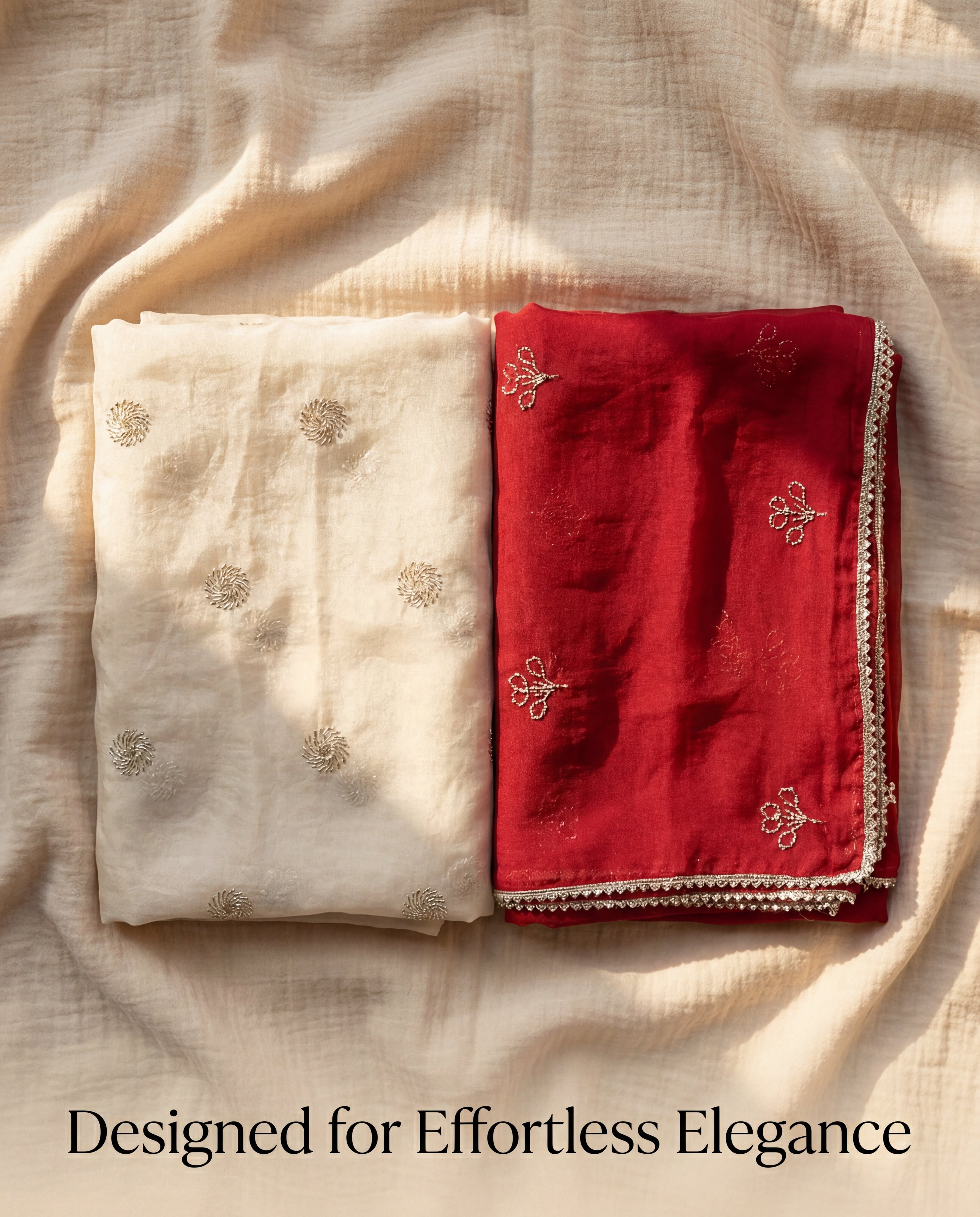 'Chandni' - Cream Silver Buti Rajputi Suit Set + Deep Red Odhani