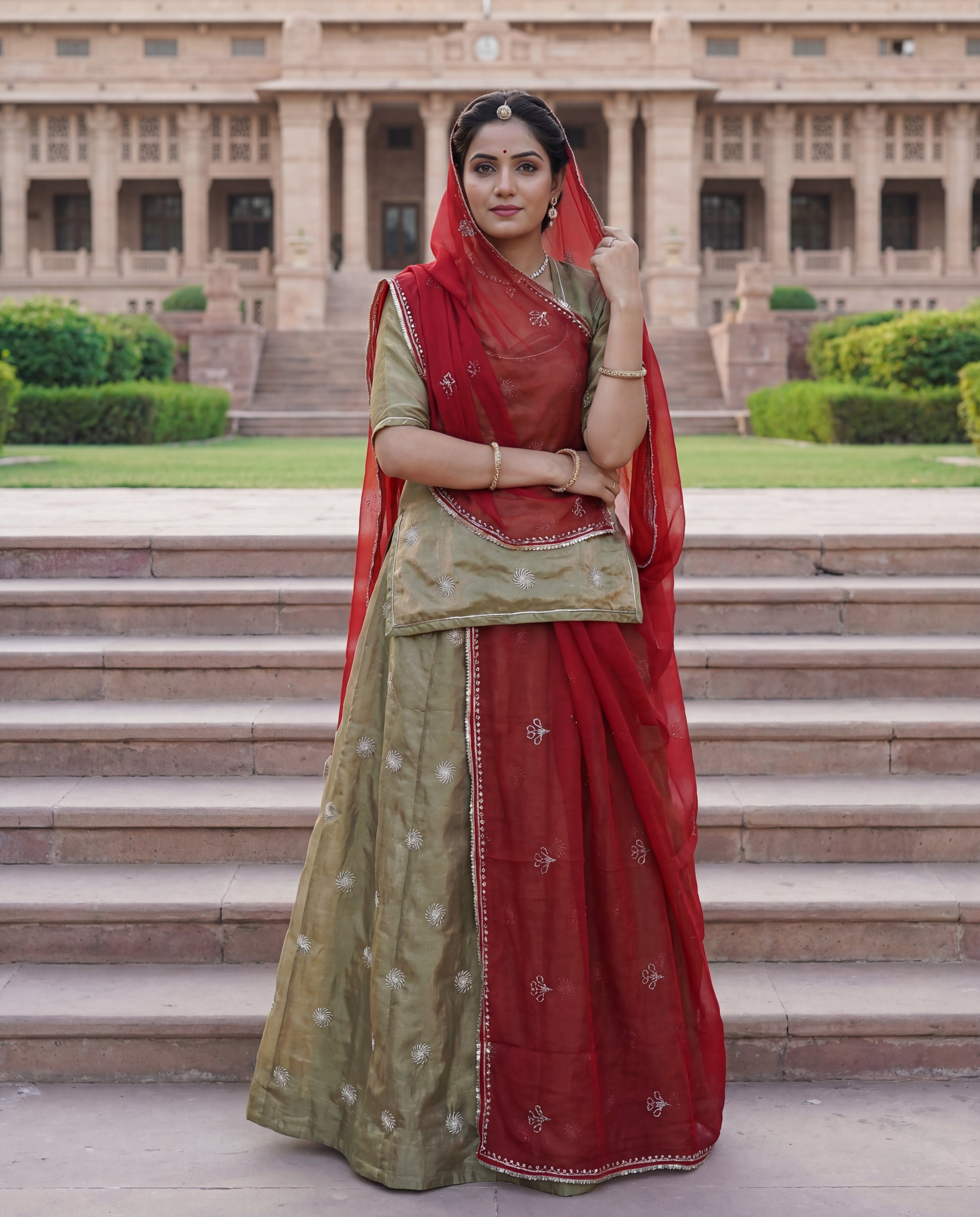 'Swarnim' - Antique Gold Embroidered  Rajputi Suit Set + Deep Red Odhani