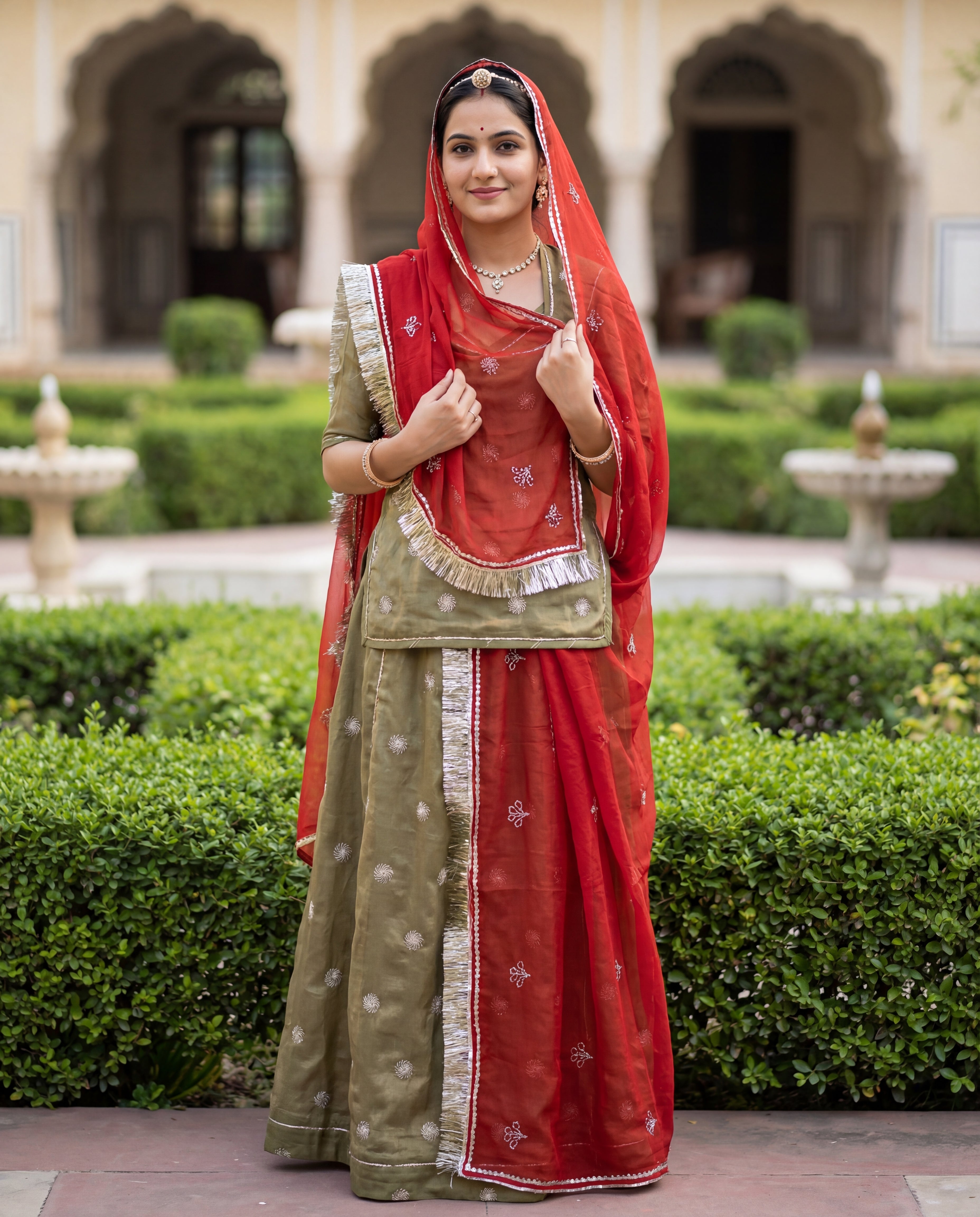 'Swarnim' - Antique Gold Embroidered  Rajputi Suit Set + Deep Red Odhani