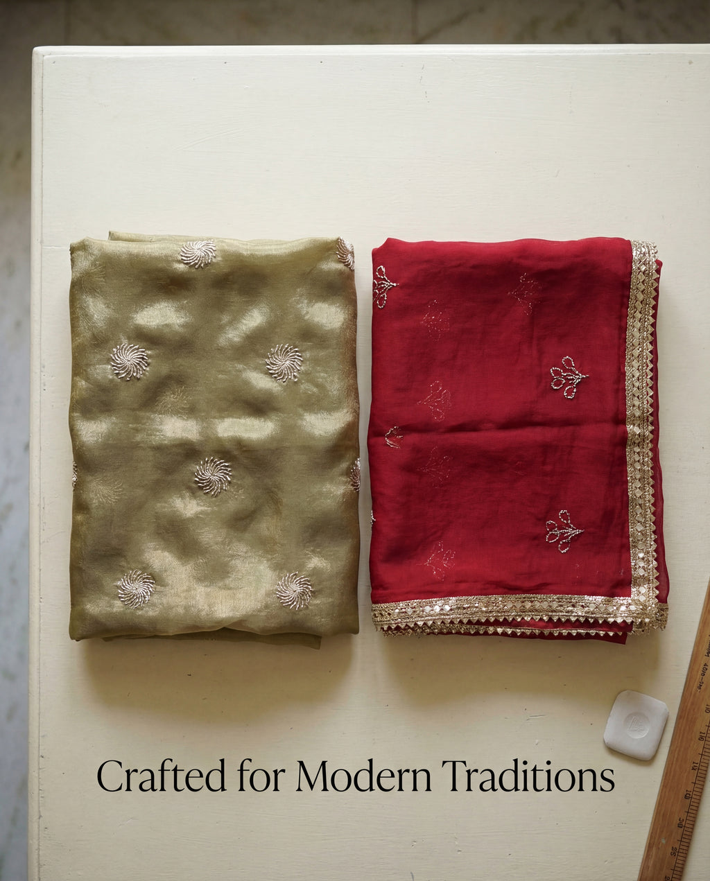 'Swarnim' - Antique Gold Embroidered  Rajputi Suit Set + Deep Red Odhani