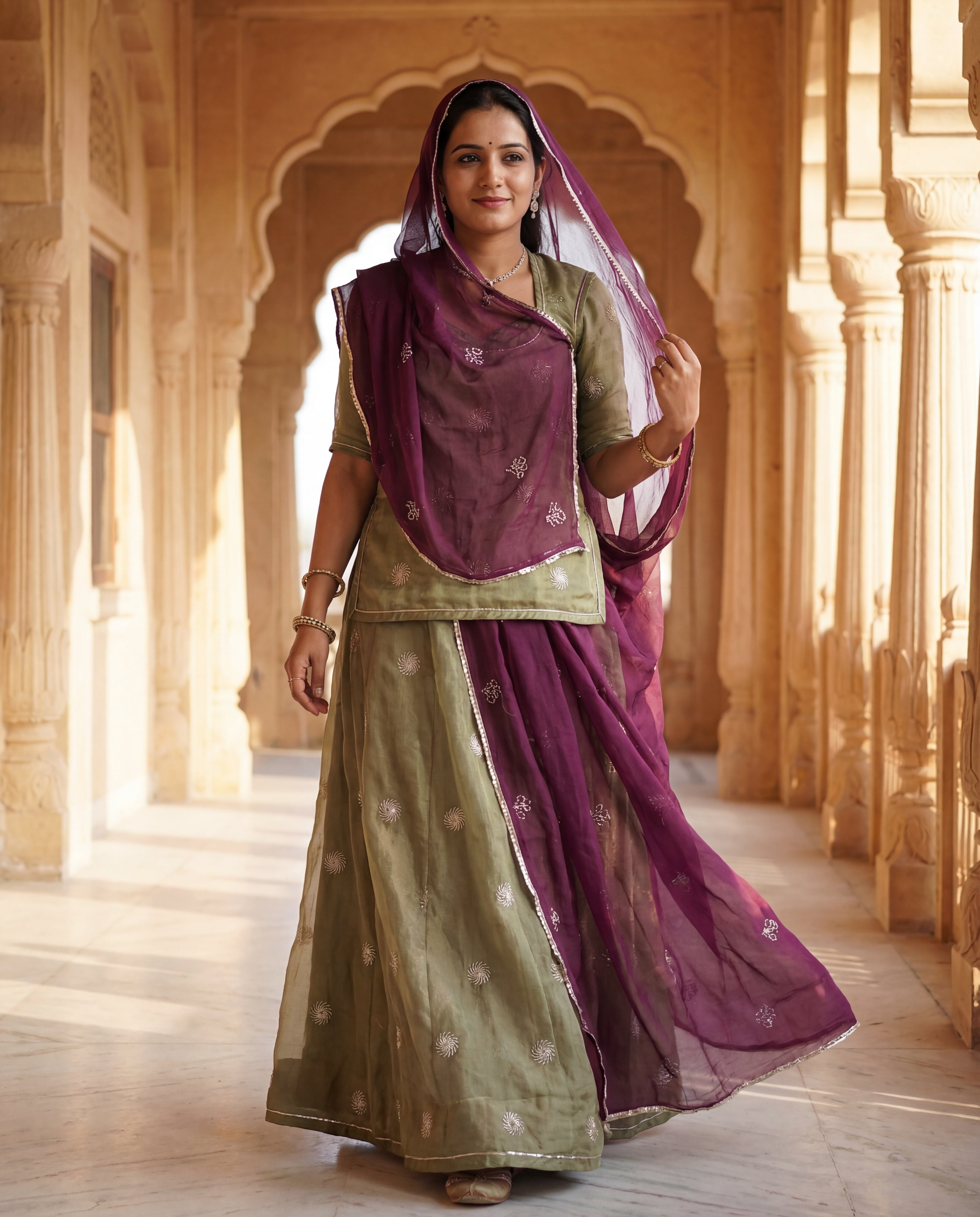 'Zaitoon' - Shimmering Olive Green Sequin Buti Rajputi Suit Set + Deep Wine Odhani