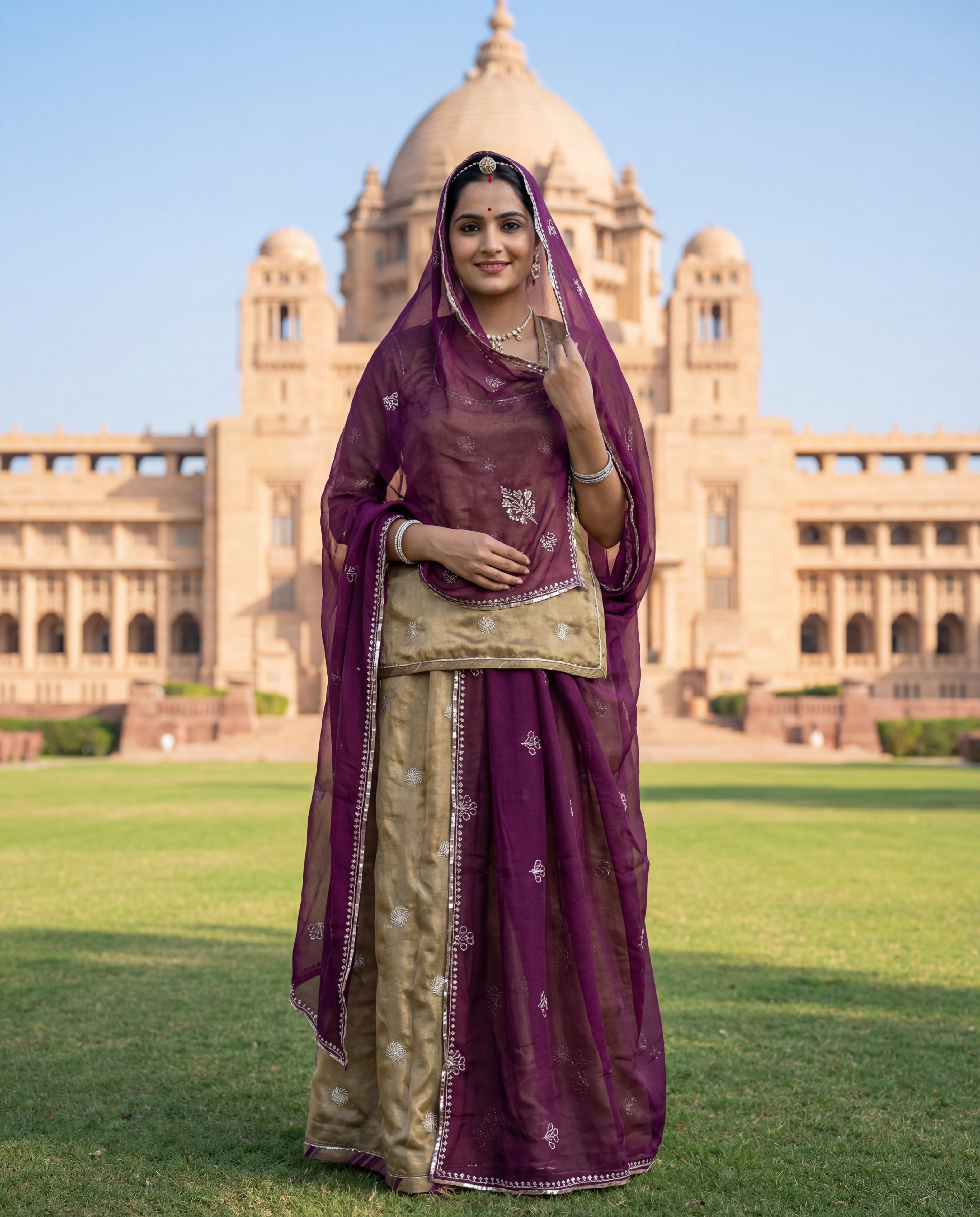 'Zaitoon' - Shimmering Olive Green Sequin Buti Rajputi Suit Set + Deep Wine Odhani