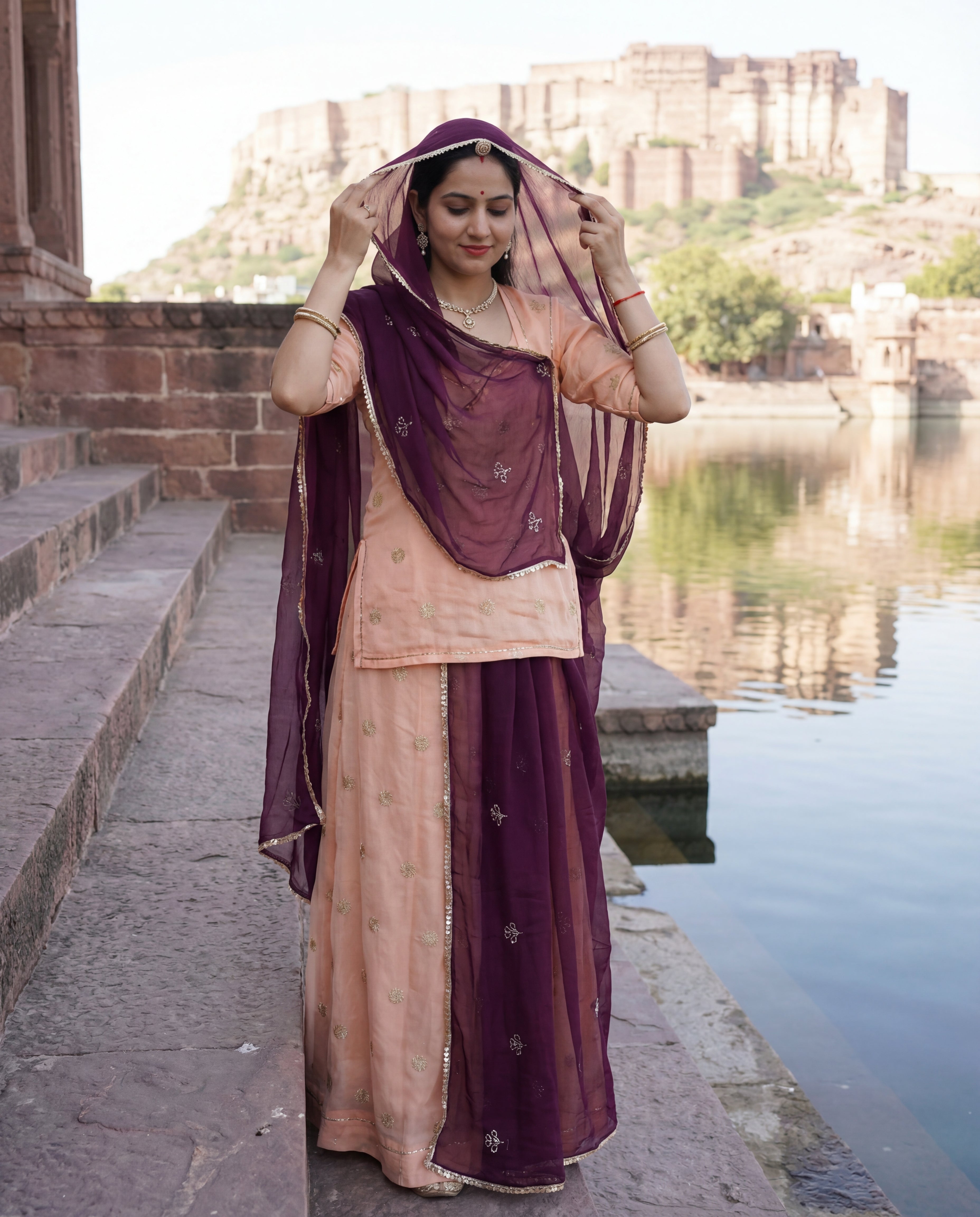 'Vaidehi' - Soft Peach Gold Buti Rajputi Suit Set + Royal Wine Odhani