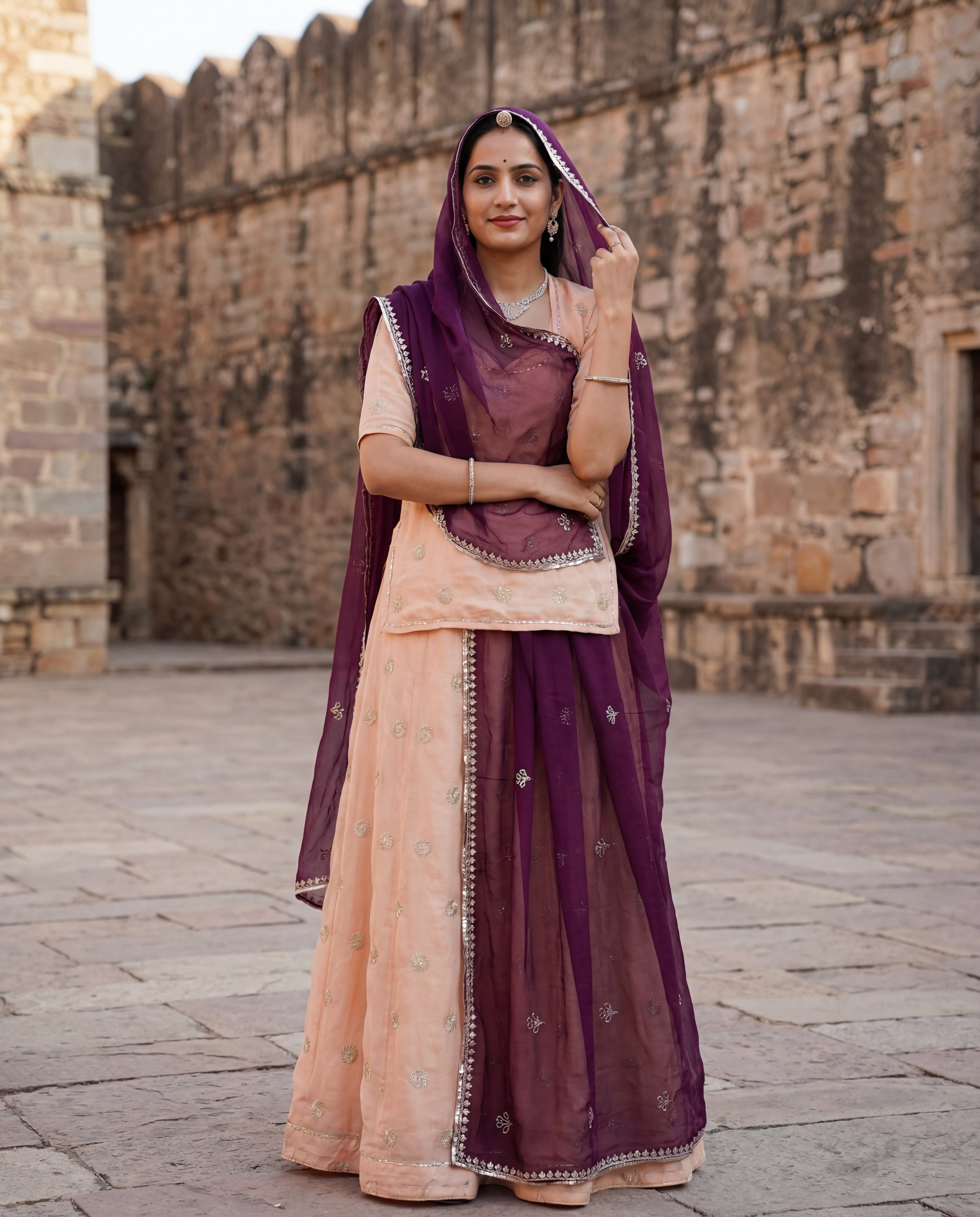 'Vaidehi' - Soft Peach Gold Buti Rajputi Suit Set + Royal Wine Odhani