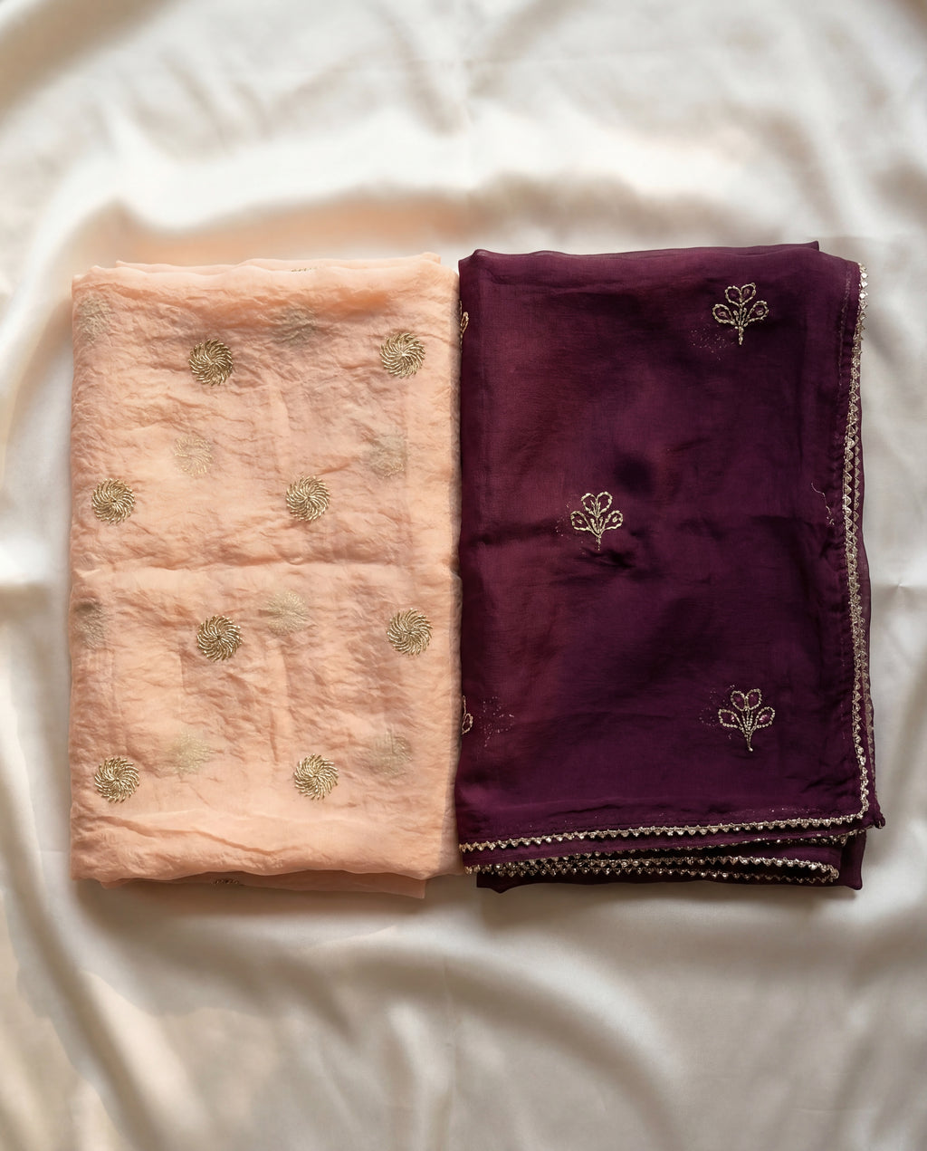 'Vaidehi' - Soft Peach Gold Buti Rajputi Suit Set + Royal Wine Odhani