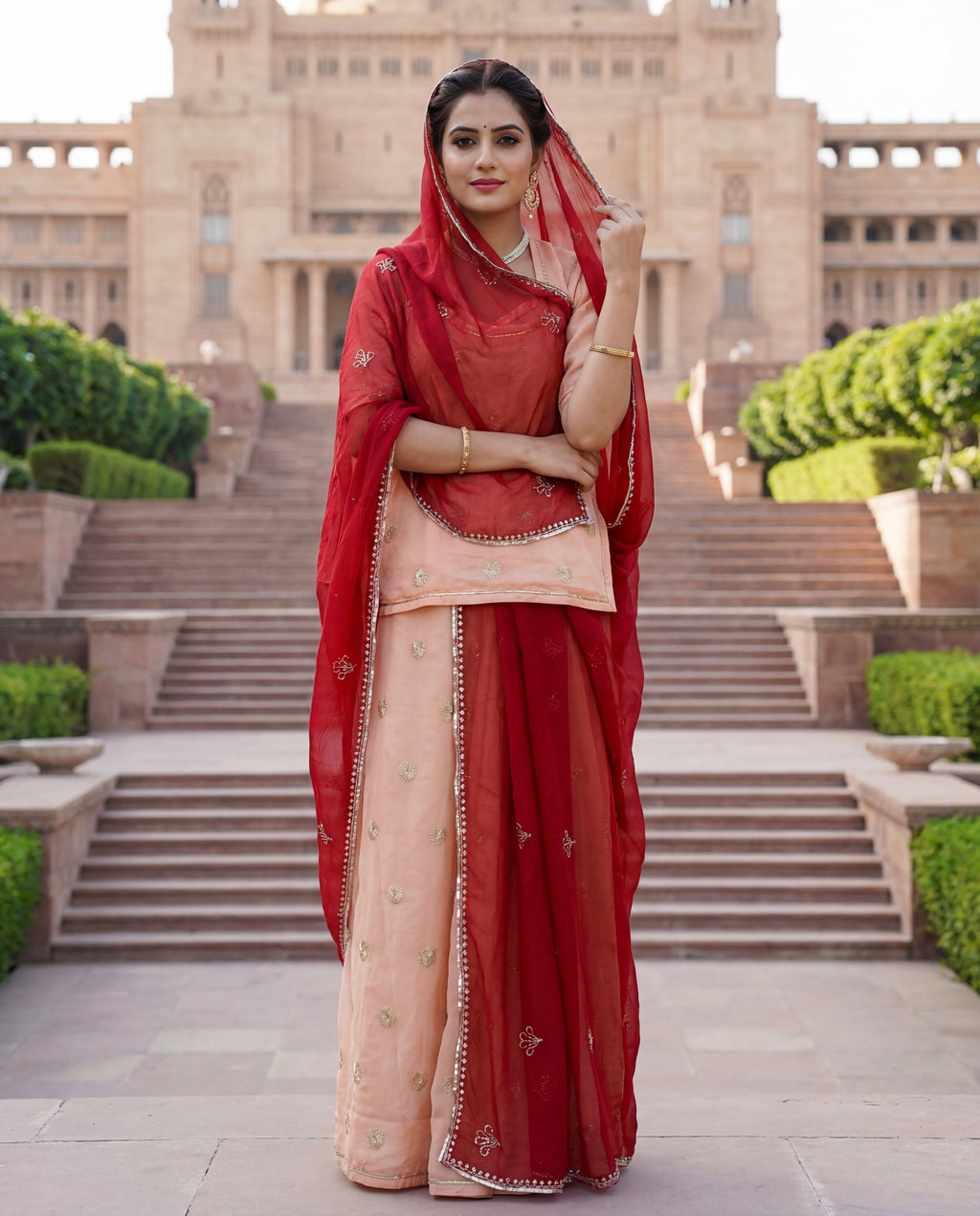 'Chandan' - Soft Peach Gold Motif Rajputi Suit Set + Deep Maroon Odhani