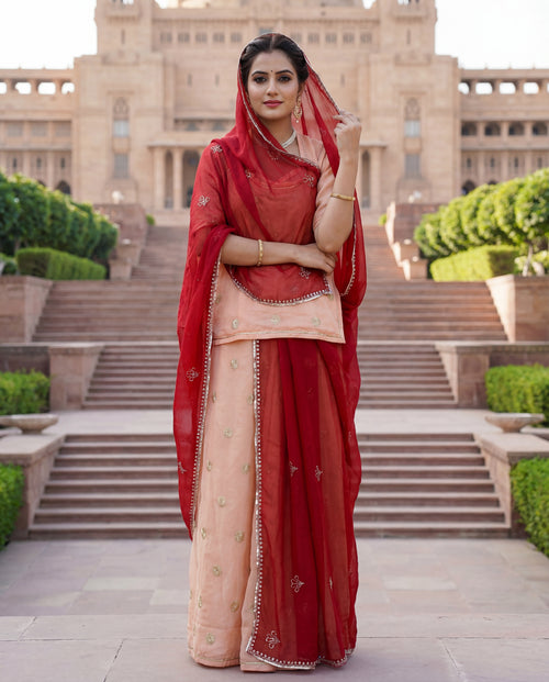 'Chandan' - Soft Peach Gold Motif Rajputi Suit Set + Deep Maroon Odhani