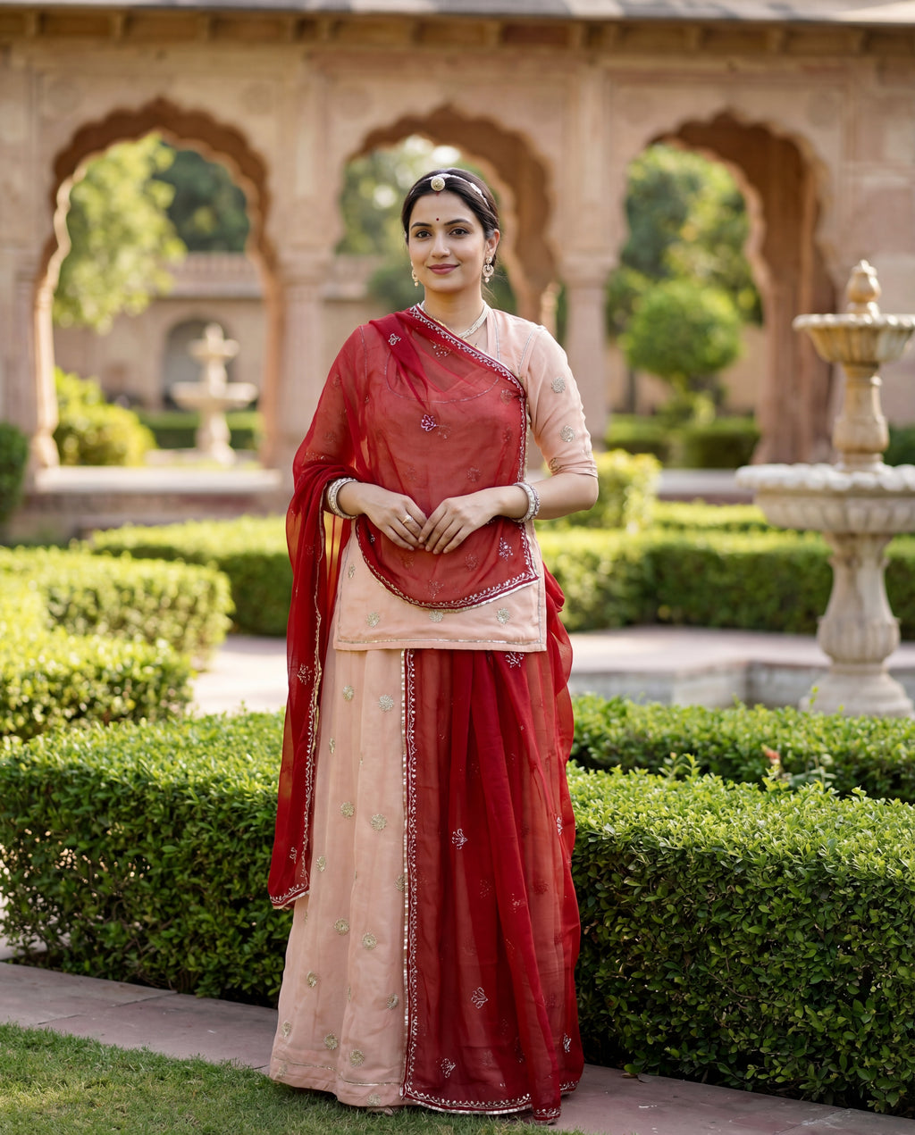 'Chandan' - Soft Peach Gold Motif Rajputi Suit Set + Deep Maroon Odhani