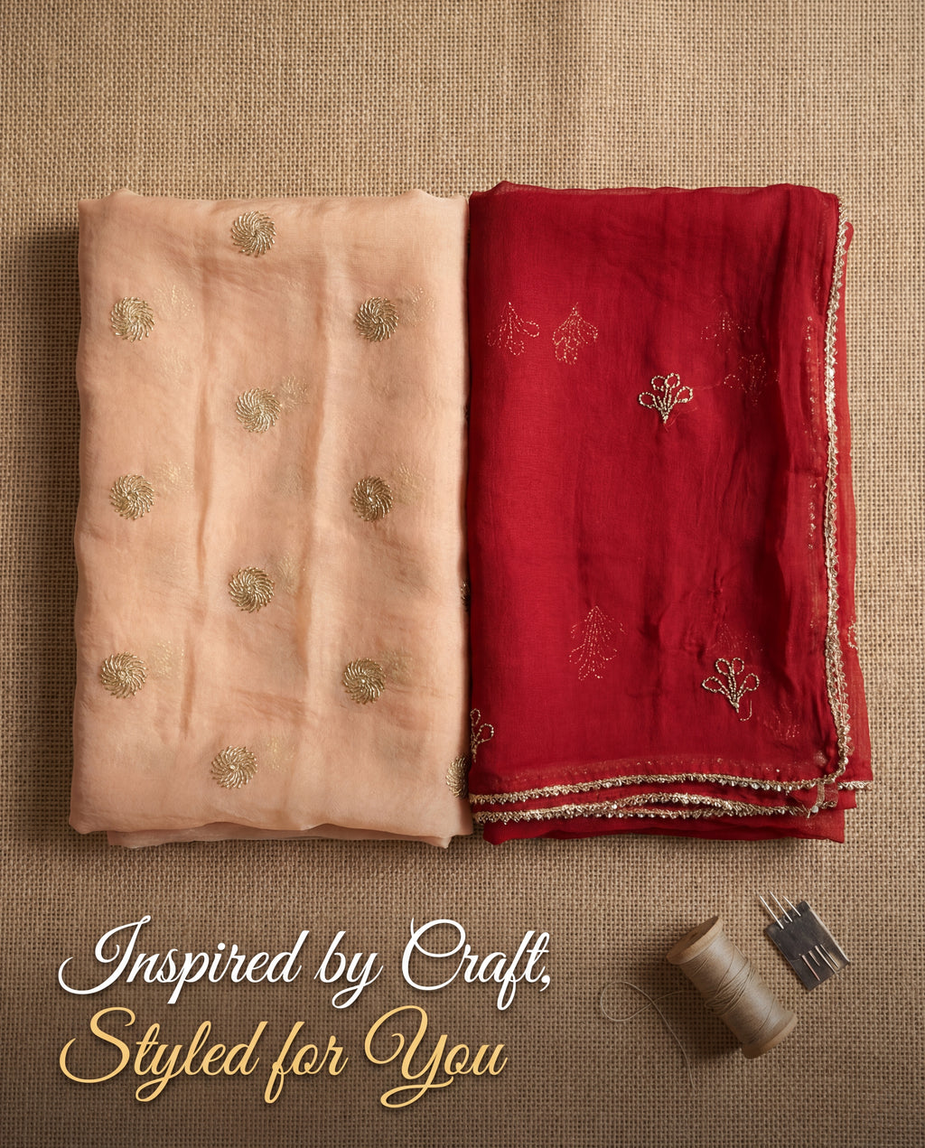 'Chandan' - Soft Peach Gold Motif Rajputi Suit Set + Deep Maroon Odhani