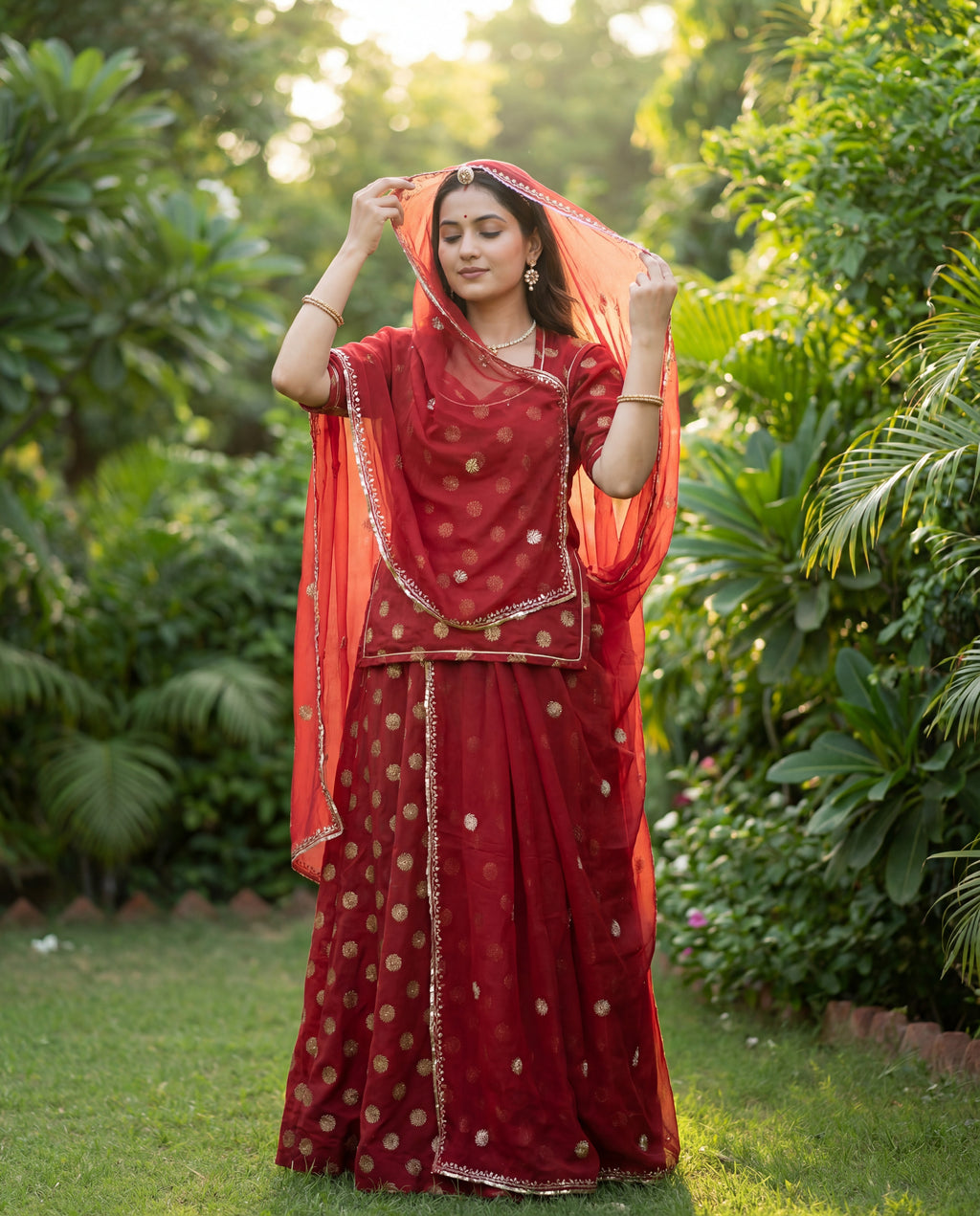 Manek' - Deep Crimson Red Golden Buti Work Rajputi Suit Set + Red Bordered Odhani
