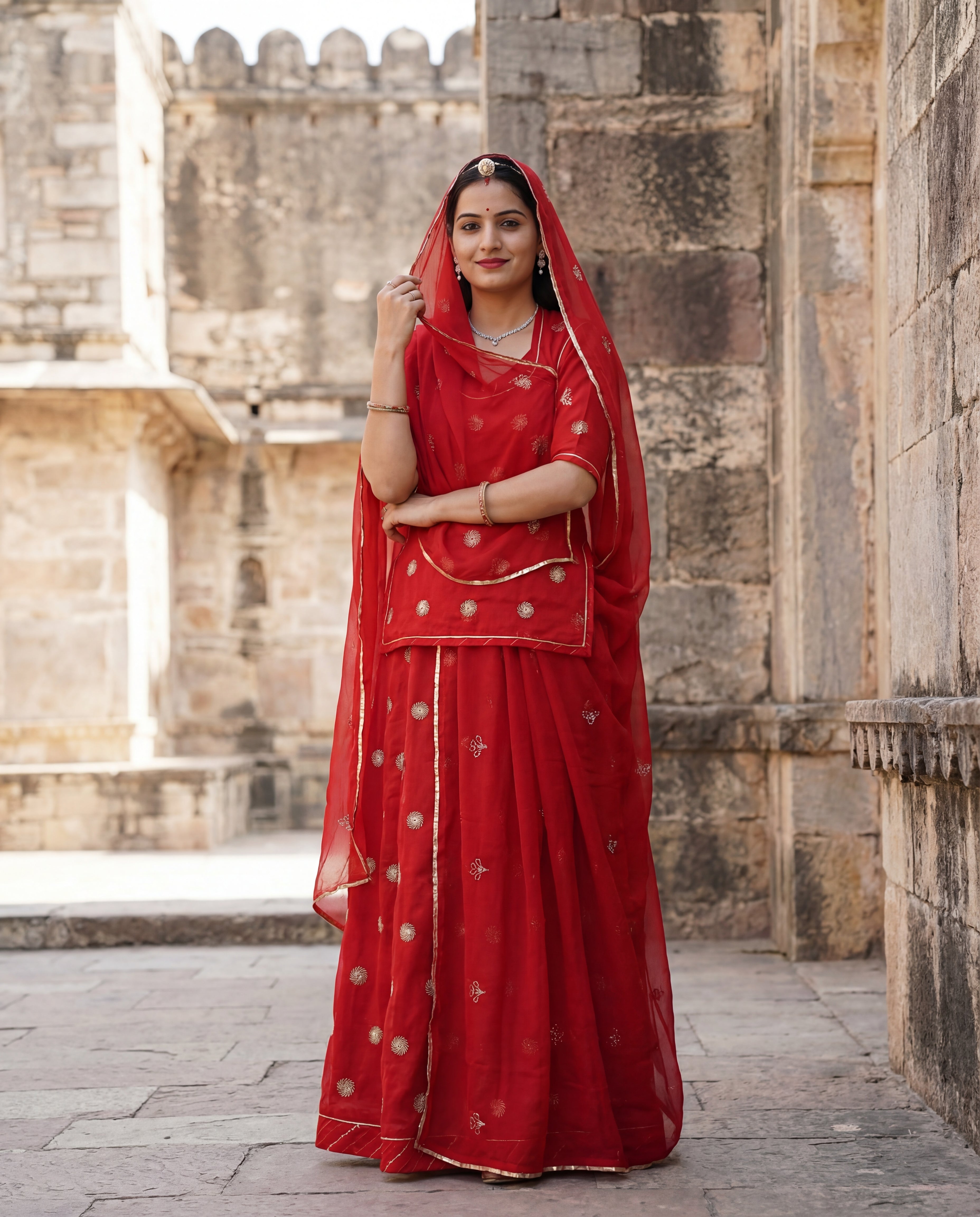 Manek' - Deep Crimson Red Golden Buti Work Rajputi Suit Set + Red Bordered Odhani