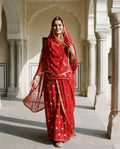 Manek' - Deep Crimson Red Golden Buti Work Rajputi Suit Set + Red Bordered Odhani