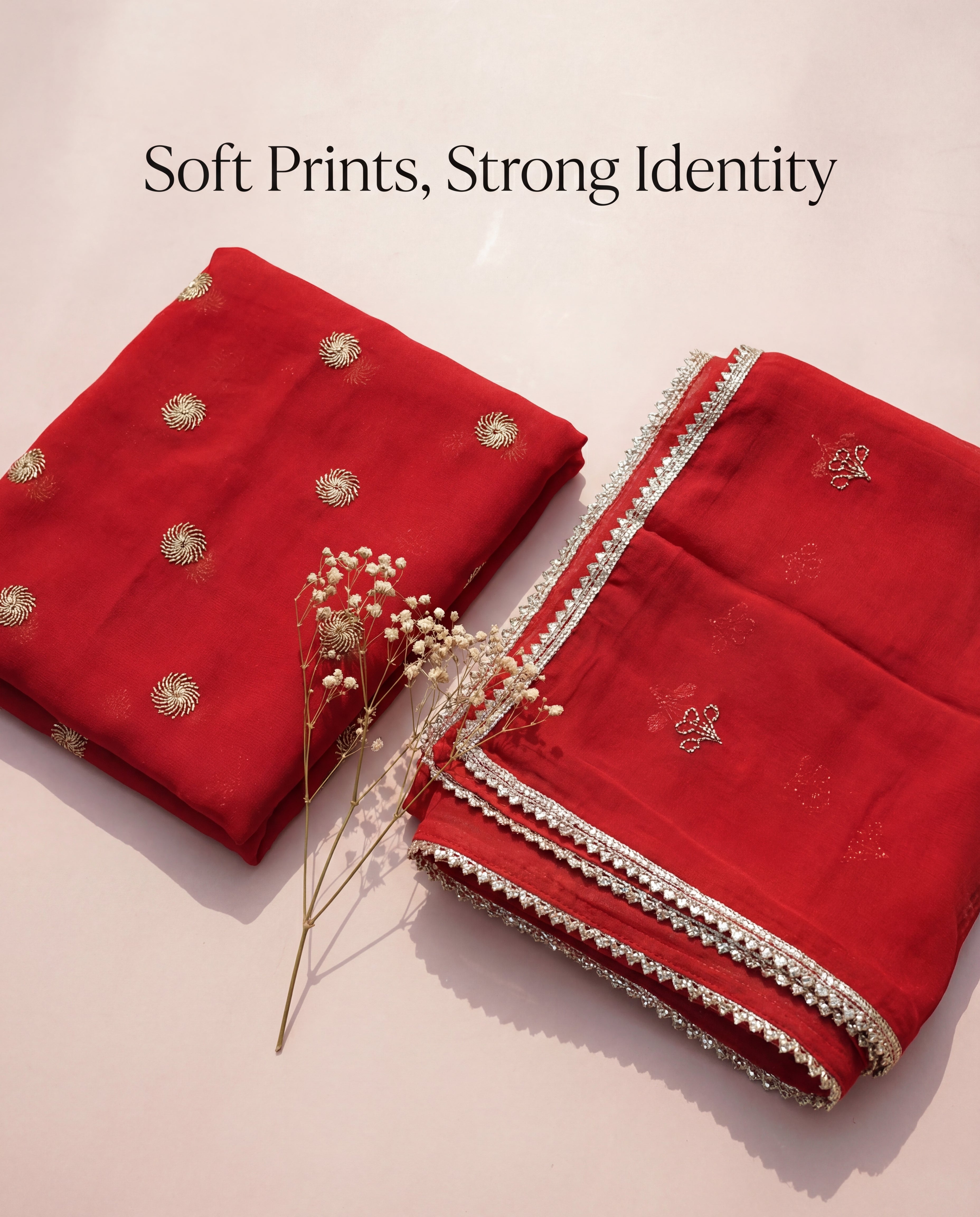 Manek' - Deep Crimson Red Golden Buti Work Rajputi Suit Set + Red Bordered Odhani