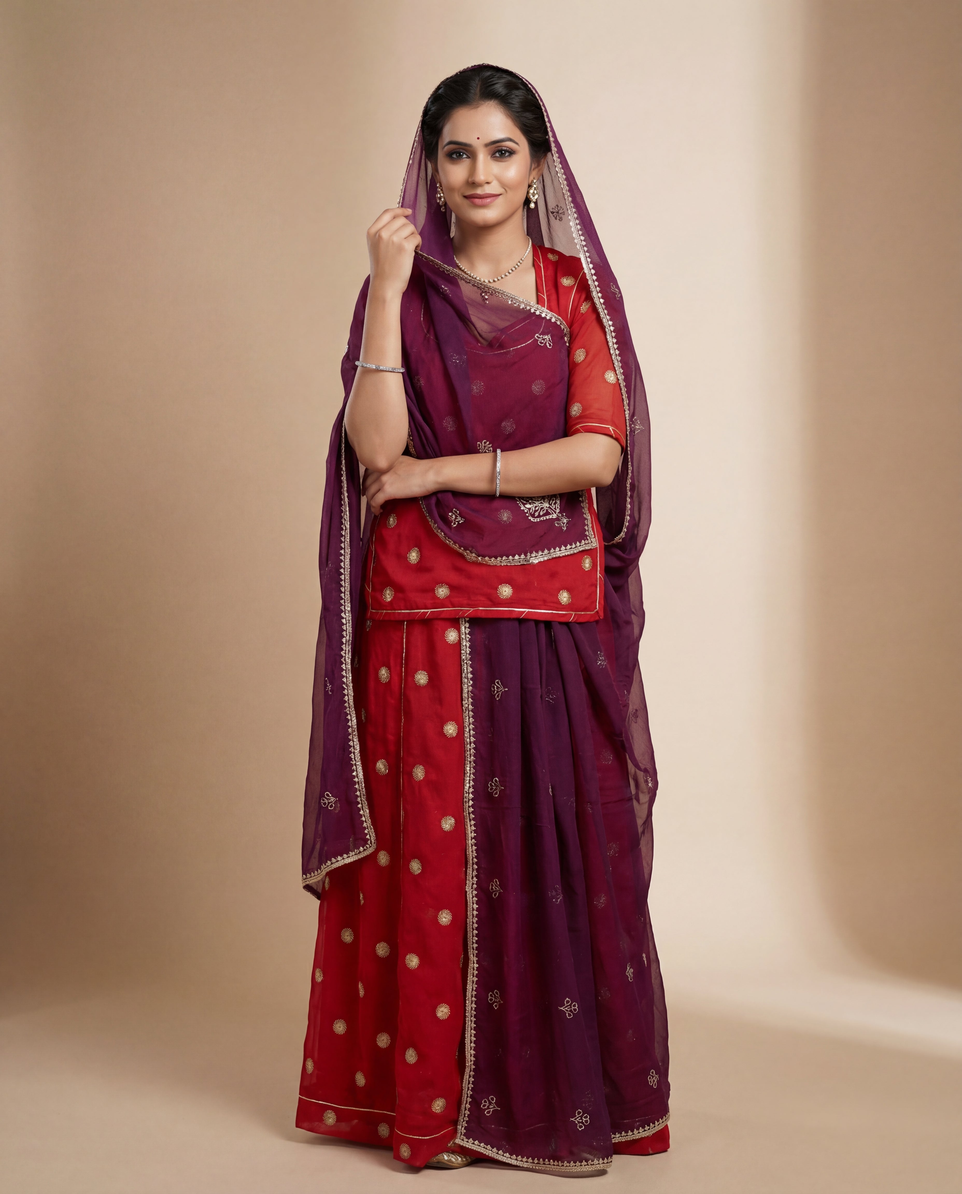 'Manikya' - Vibrant Red Gold Zari Work Rajputi Suit Set + Deep Wine Embroidered Odhani