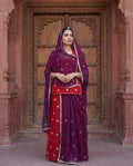 'Manikya' - Vibrant Red Gold Zari Work Rajputi Suit Set + Deep Wine Embroidered Odhani