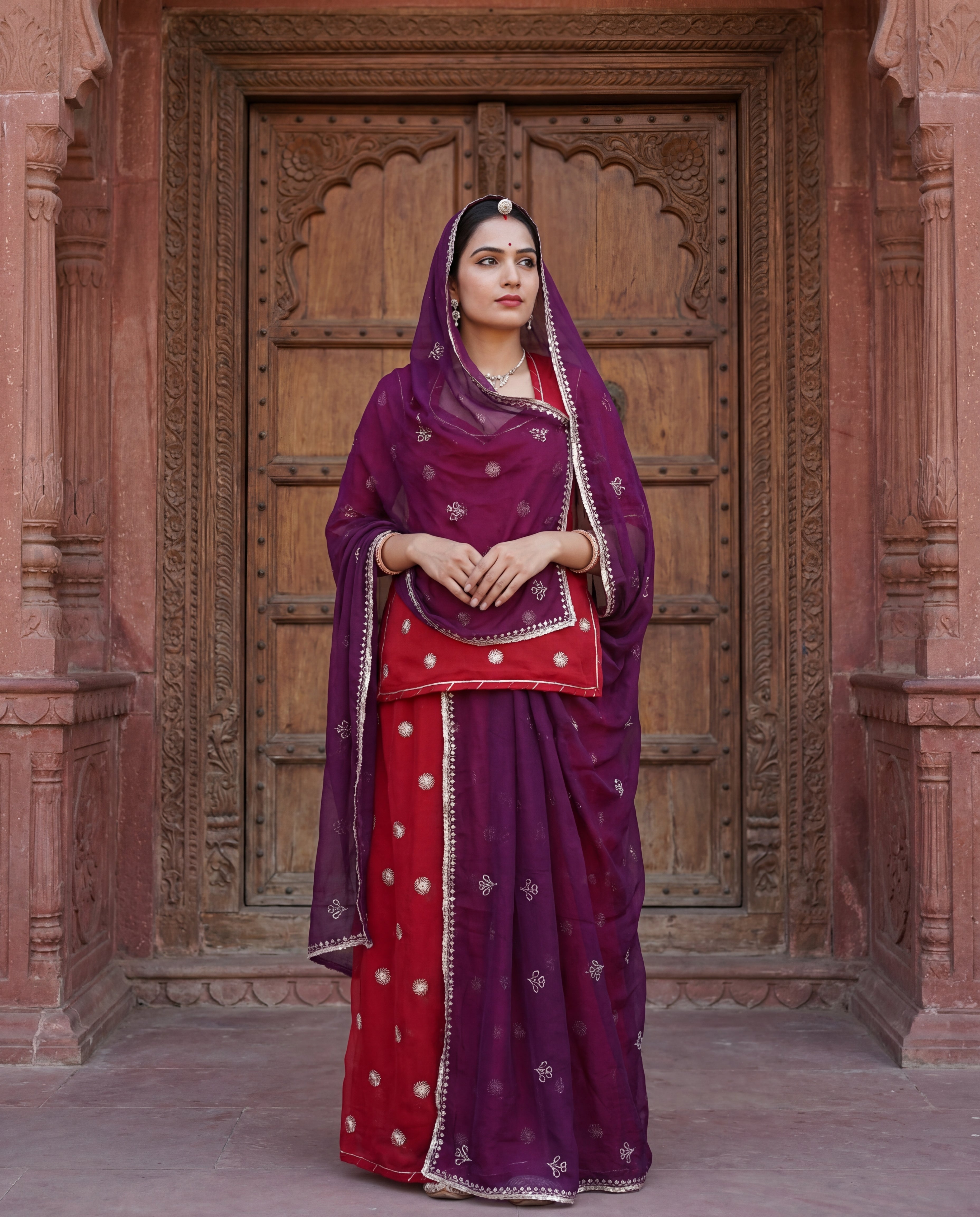 'Manikya' - Vibrant Red Gold Zari Work Rajputi Suit Set + Deep Wine Embroidered Odhani