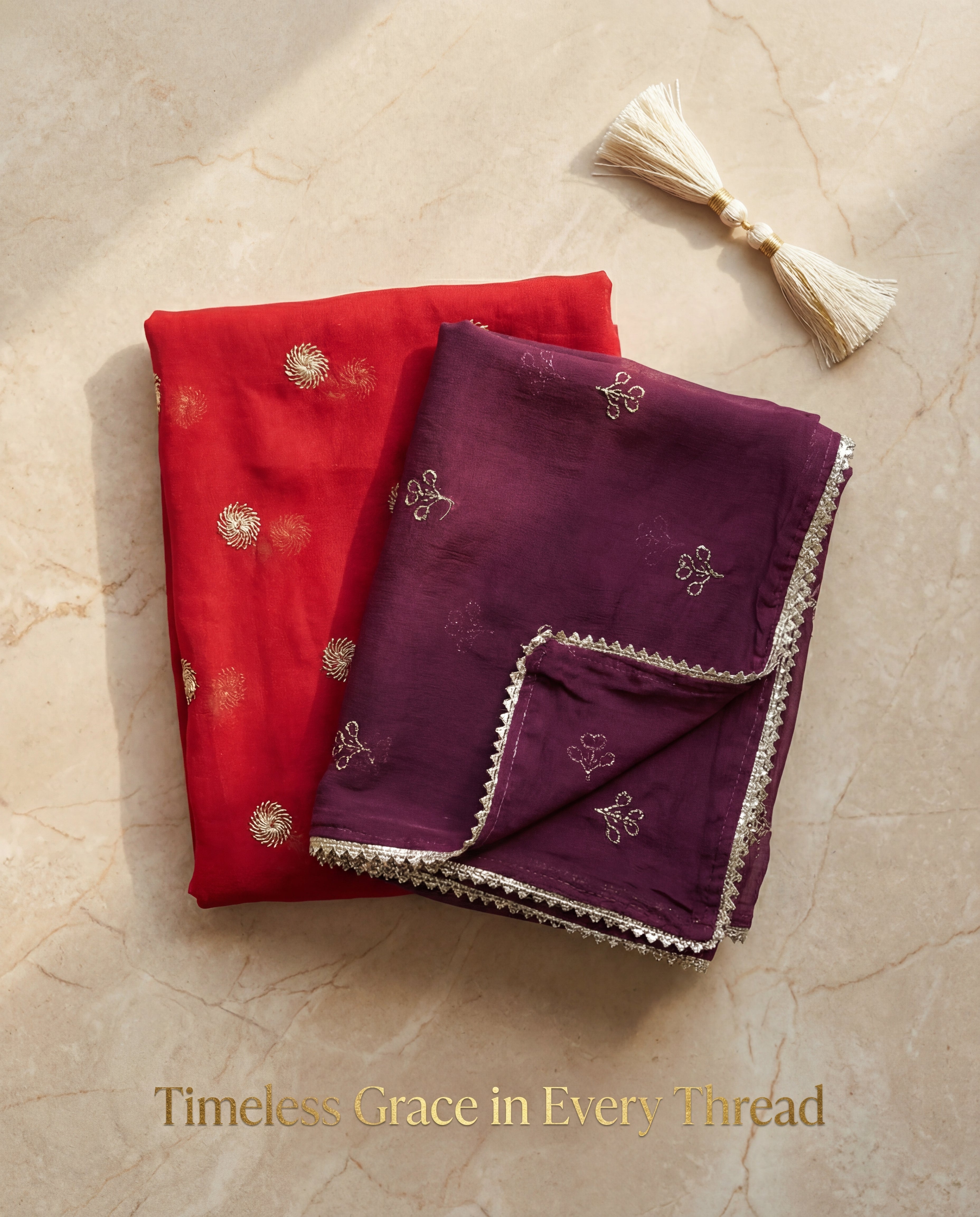 'Manikya' - Vibrant Red Gold Zari Work Rajputi Suit Set + Deep Wine Embroidered Odhani