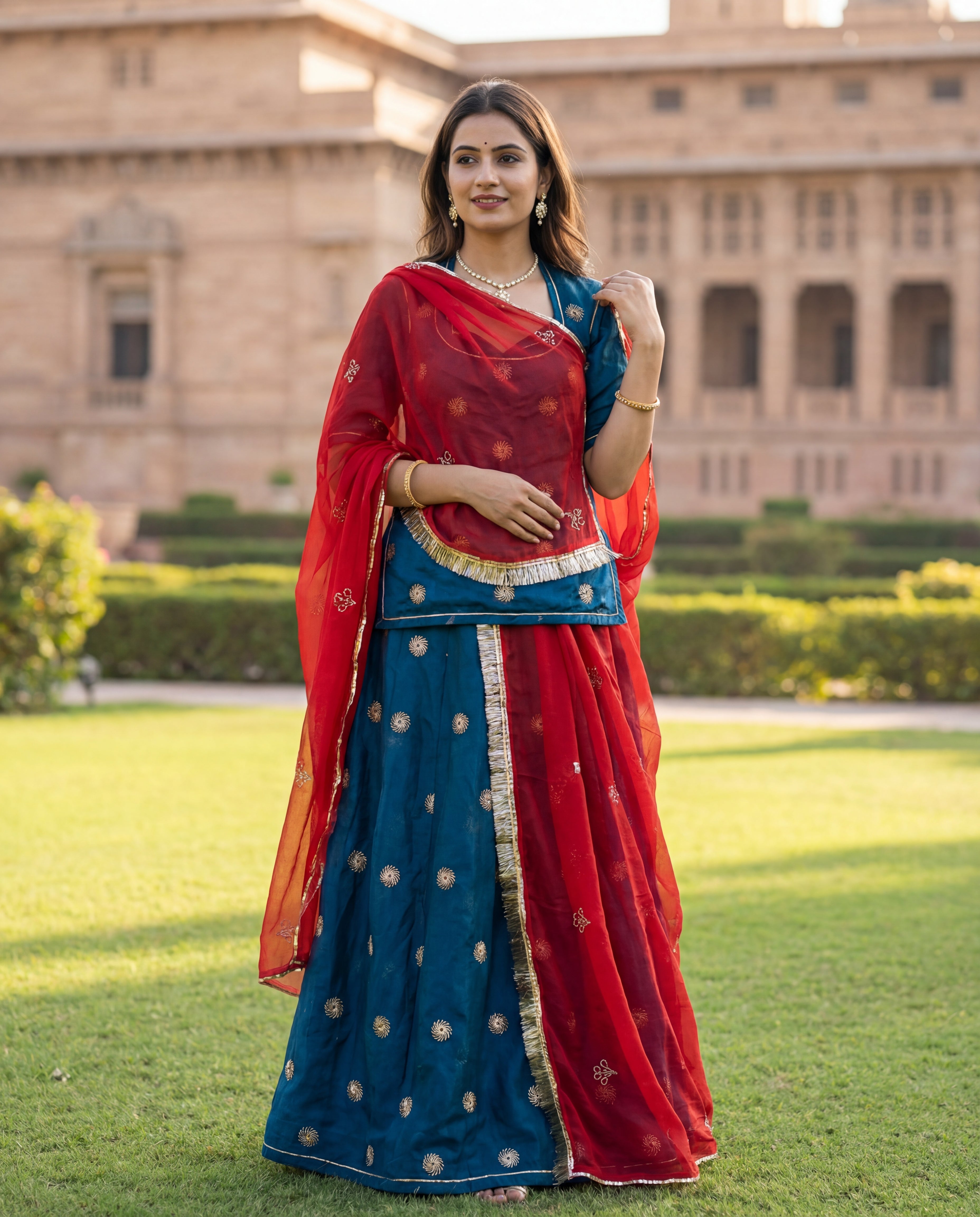 'Morpankhi' - Teal Blue Zari Motif Rajputi Suit Set + Deep Red Odhani