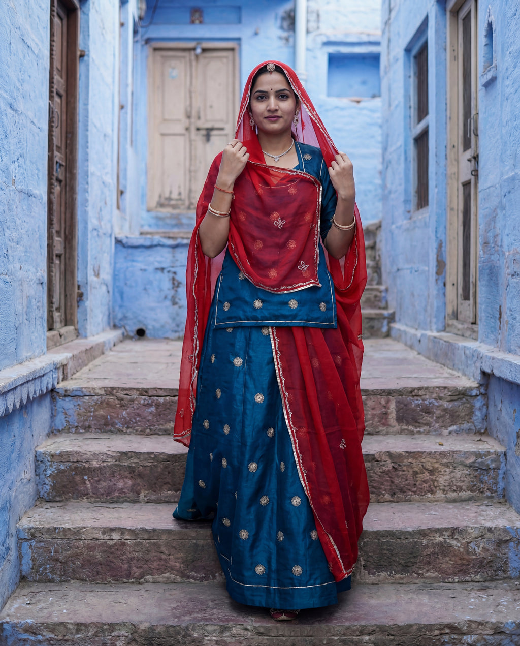 'Morpankhi' - Teal Blue Zari Motif Rajputi Suit Set + Deep Red Odhani