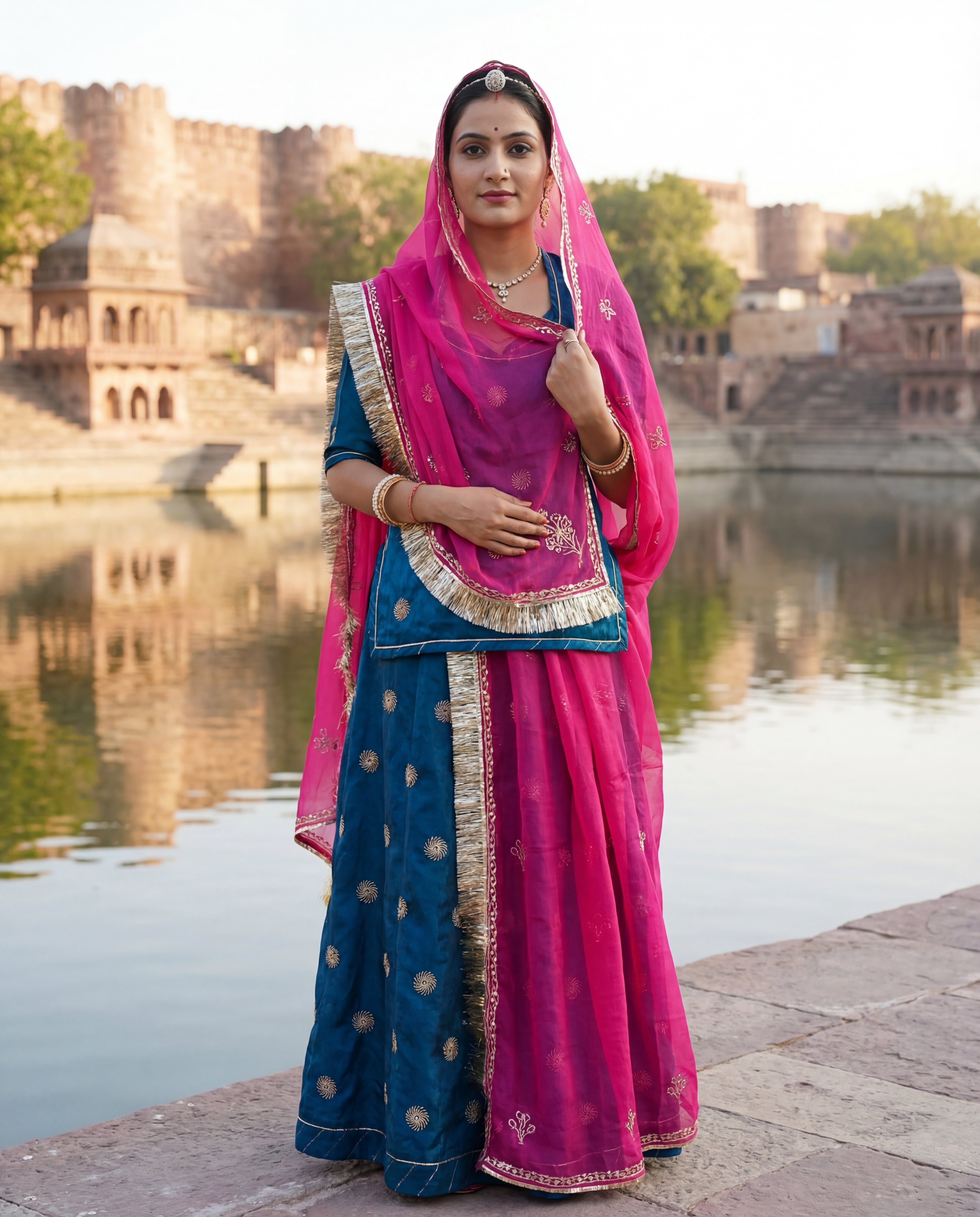 'Morpankhi' - Deep Teal Gold Motif Rajputi Suit Set + Rani Pink Odhani