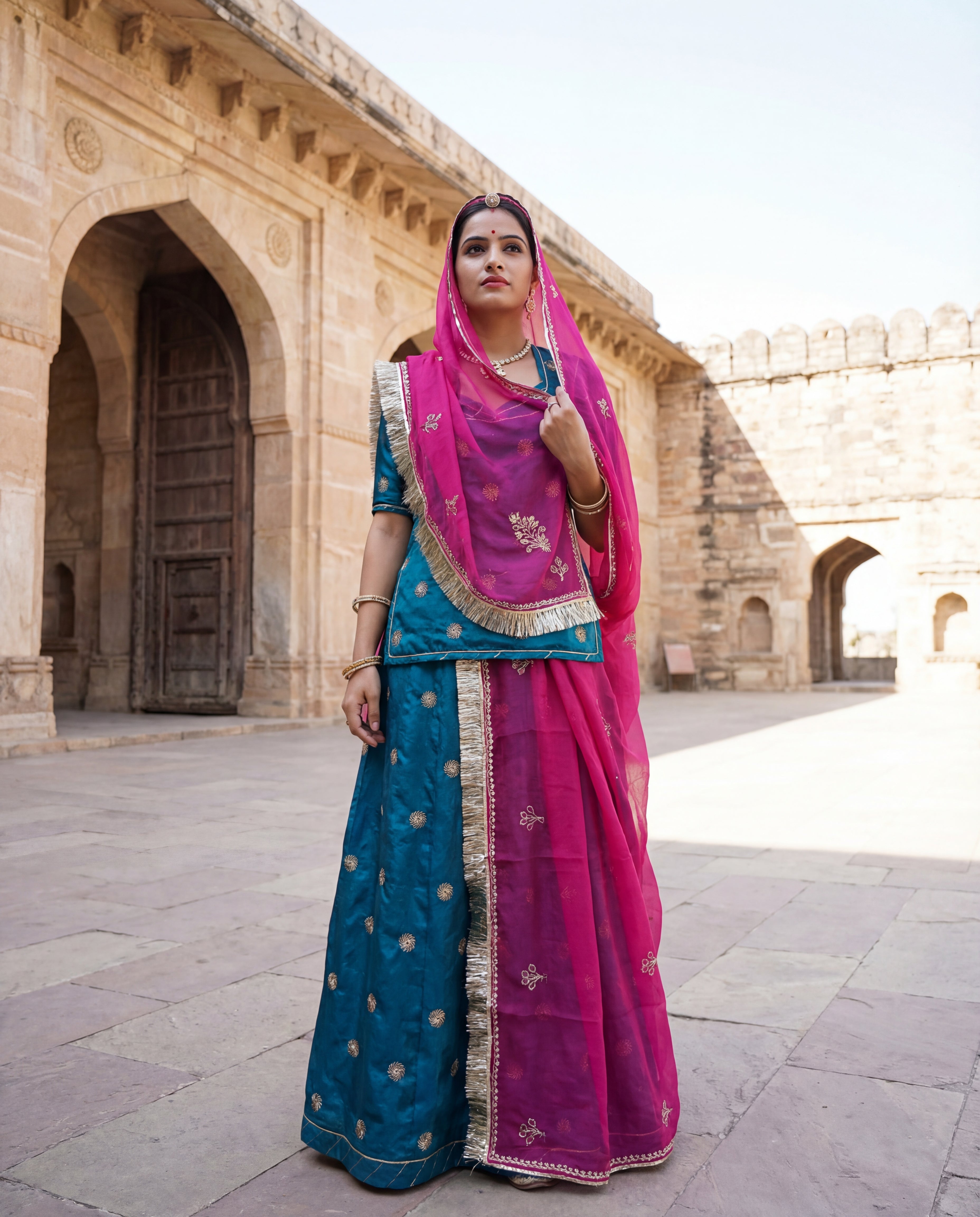 'Morpankhi' - Deep Teal Gold Motif Rajputi Suit Set + Rani Pink Odhani