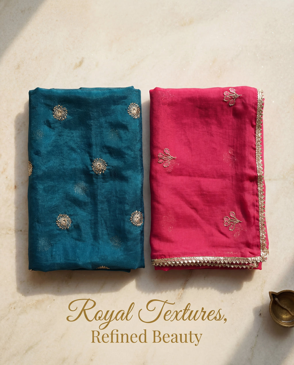 'Morpankhi' - Deep Teal Gold Motif Rajputi Suit Set + Rani Pink Odhani