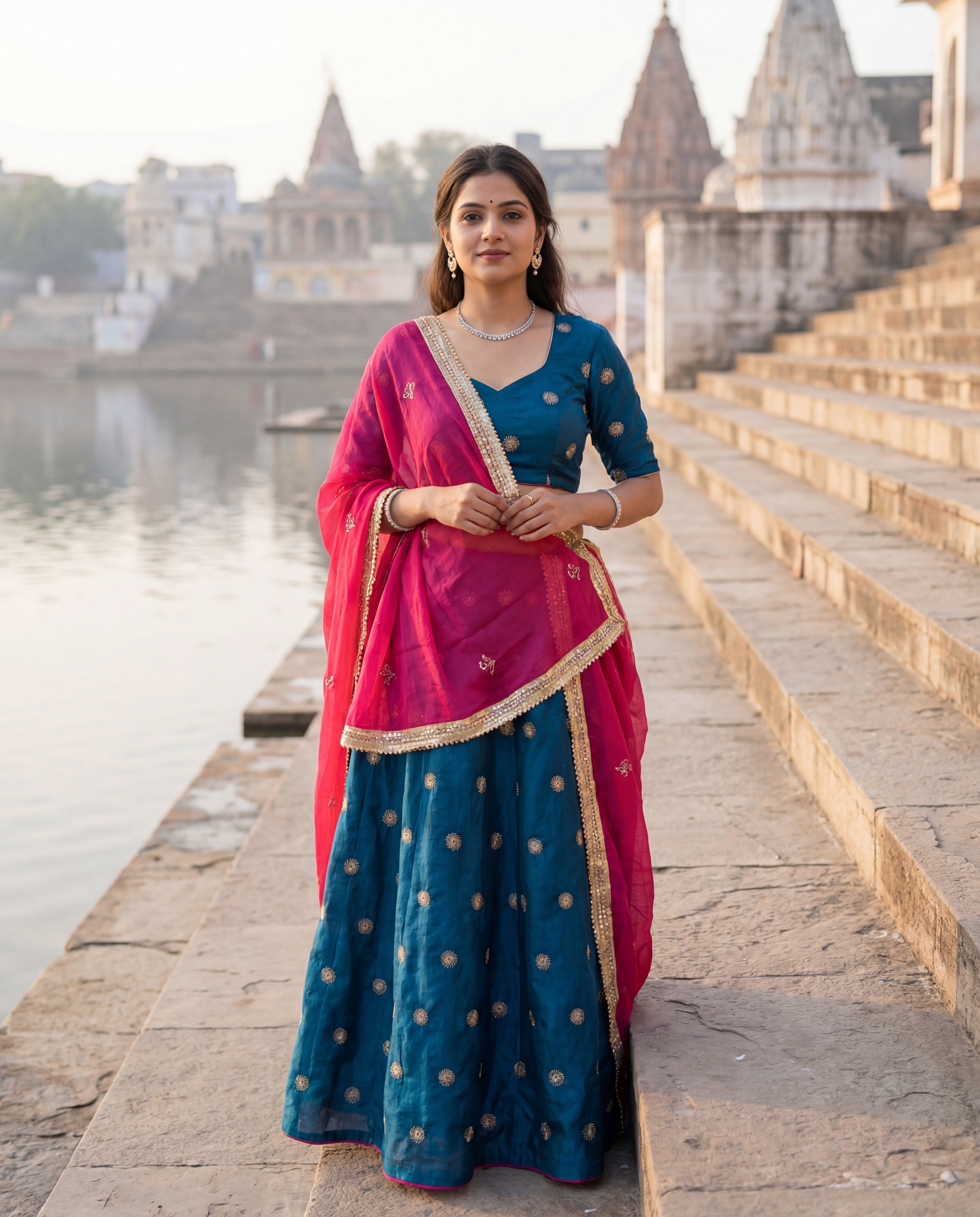 'Mayuri' - Deep Peacock Teal Gold Buti Work Rajputi Suit Set + Deep Rani Odhani