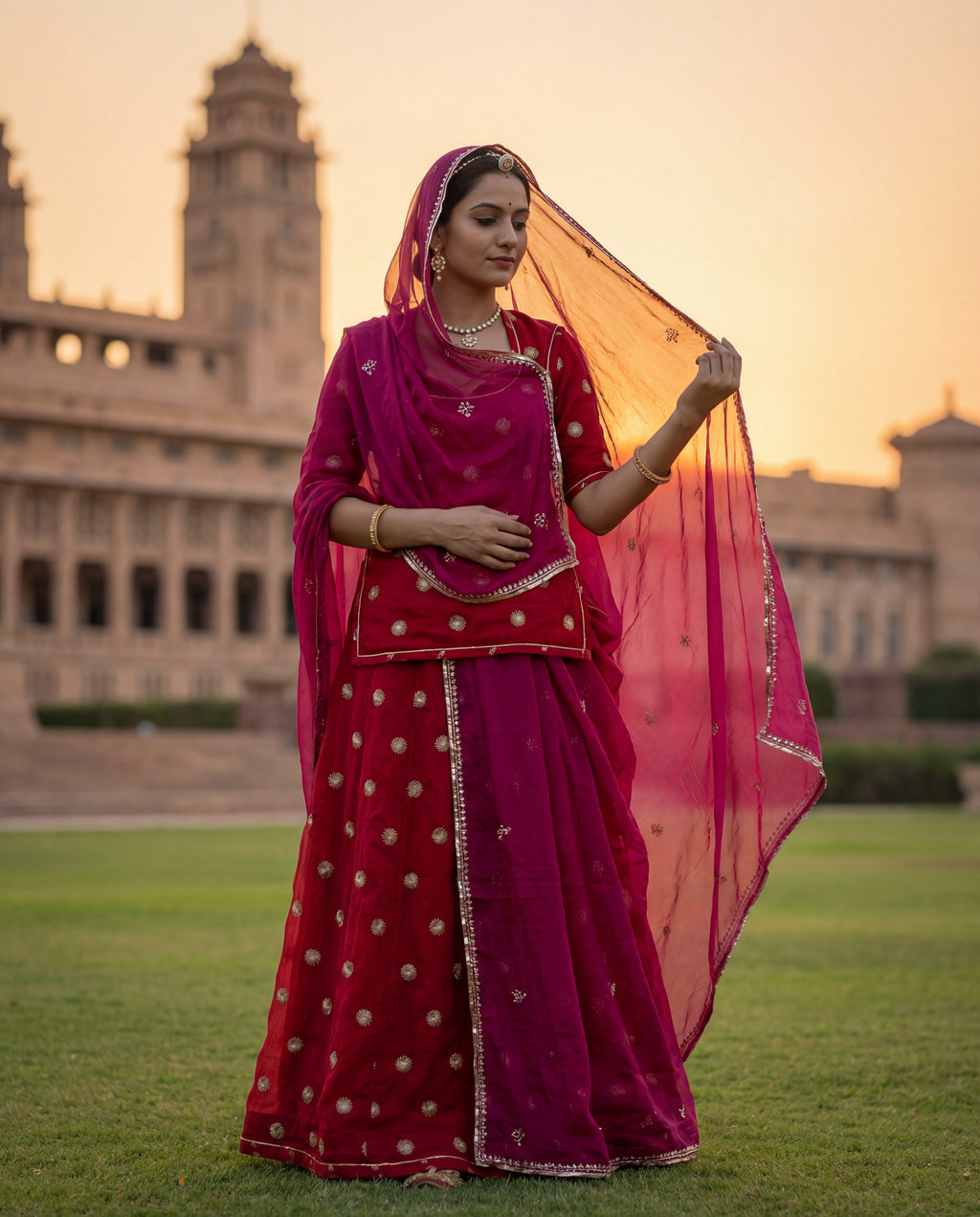 'Sindoori' - Tomato Red Gold Chakra Motif Rajputi Suit Set + Rani Pink Embroidered Odhani