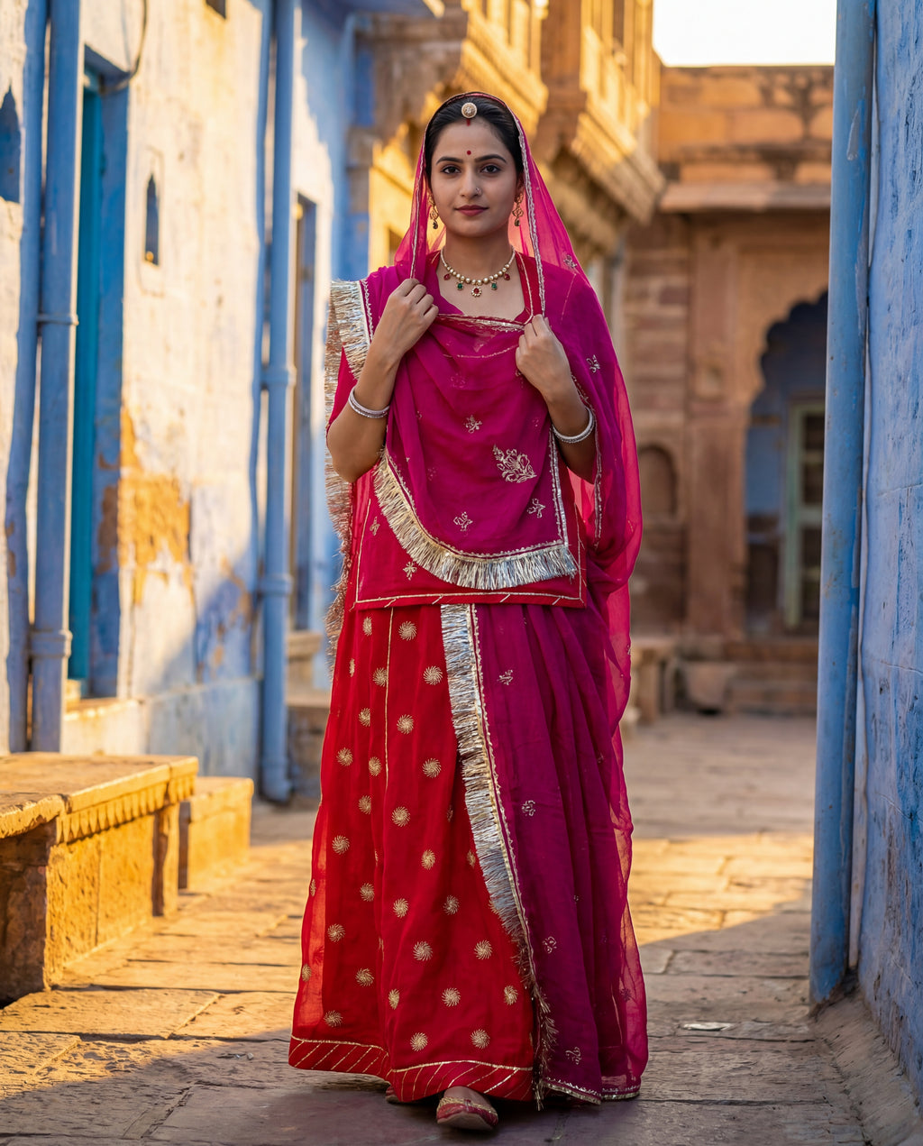 'Sindoori' - Tomato Red Gold Chakra Motif Rajputi Suit Set + Rani Pink Embroidered Odhani
