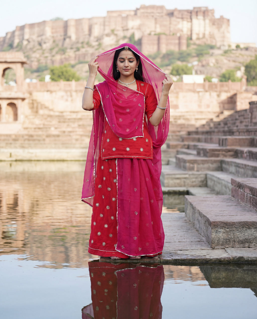 'Sindoori' - Tomato Red Gold Chakra Motif Rajputi Suit Set + Rani Pink Embroidered Odhani