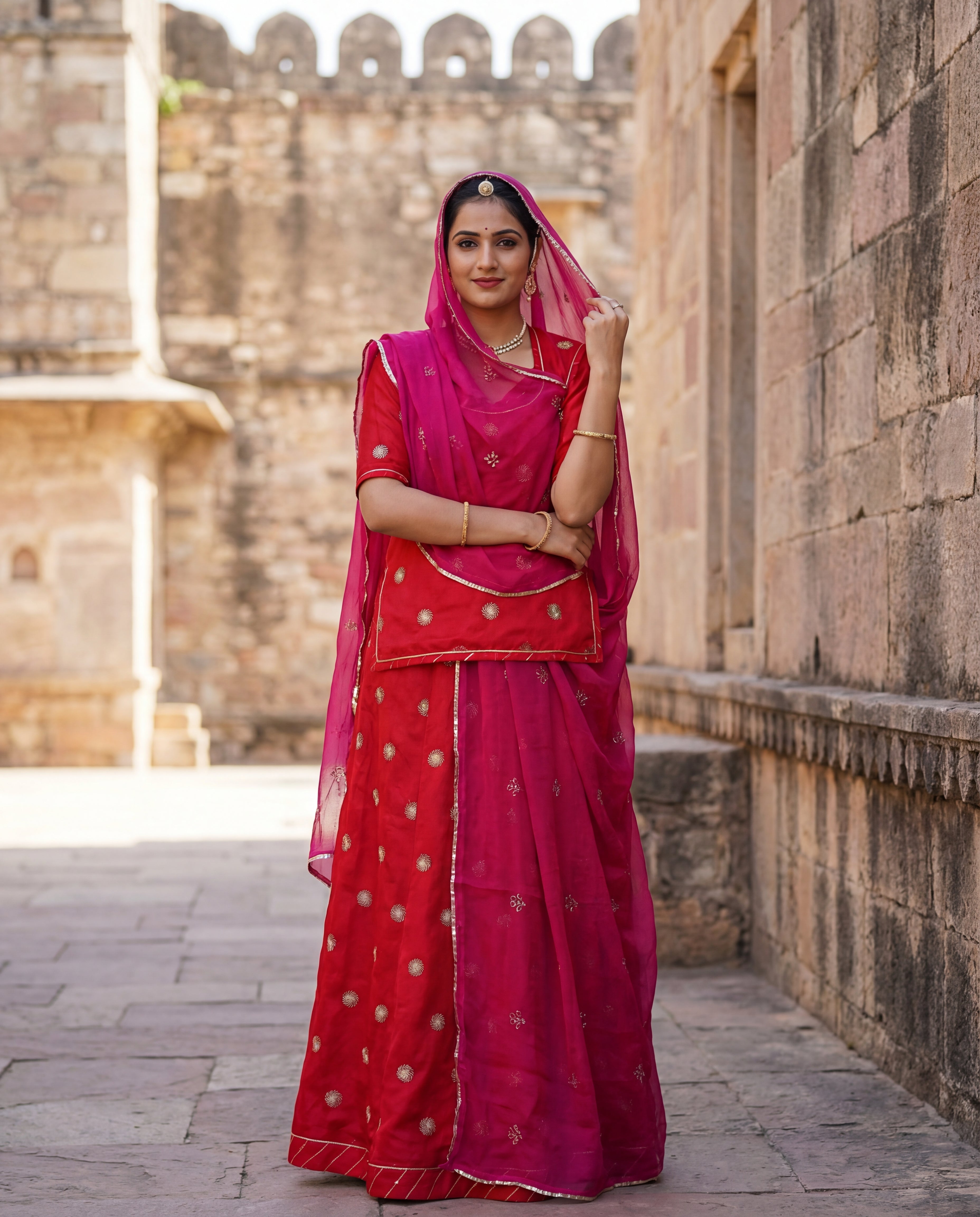 'Sindoori' - Tomato Red Gold Chakra Motif Rajputi Suit Set + Rani Pink Embroidered Odhani