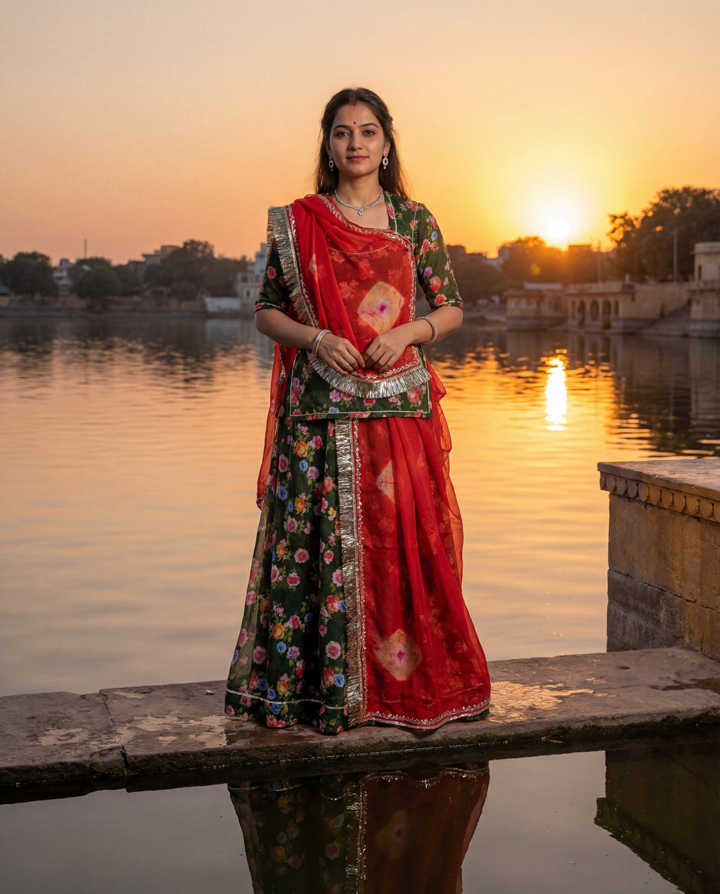 'Panna' - Dark Green Floral Print Rajputi Suit Set + Red Bandhej Odhani