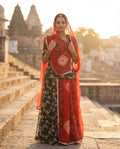 'Panna' - Dark Green Floral Print Rajputi Suit Set + Red Bandhej Odhani