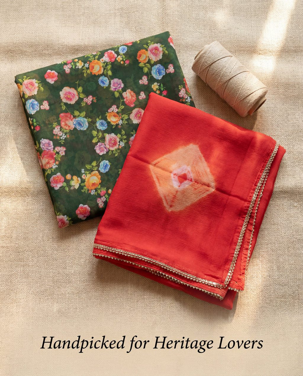 'Panna' - Dark Green Floral Print Rajputi Suit Set + Red Bandhej Odhani