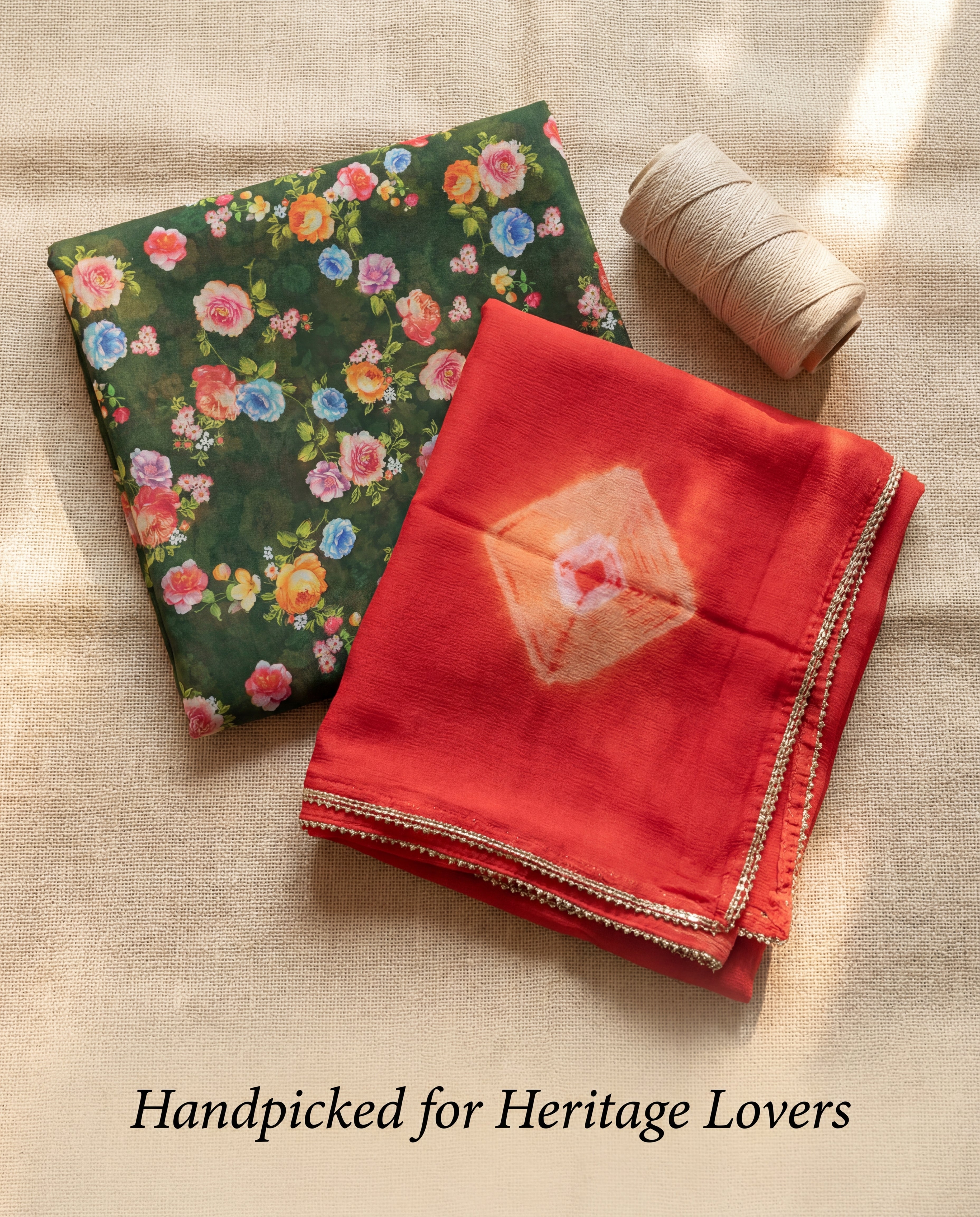 'Panna' - Dark Green Floral Print Rajputi Suit Set + Red Bandhej Odhani