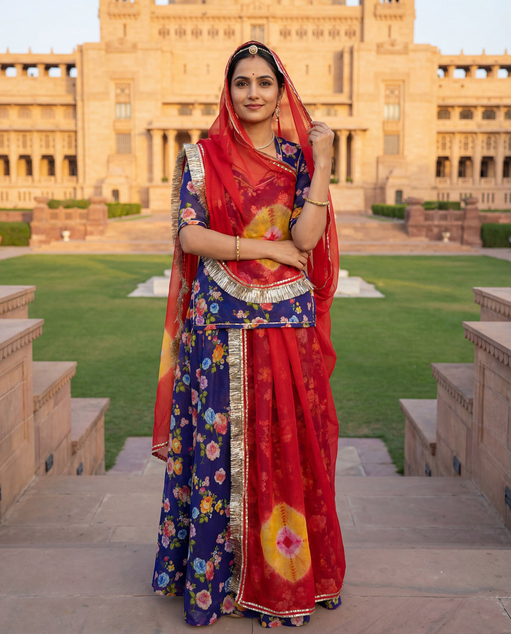 'Jamuni Bahaar' - Deep Purple Floral Rajputi Suit Set + Red Shibori Odhani