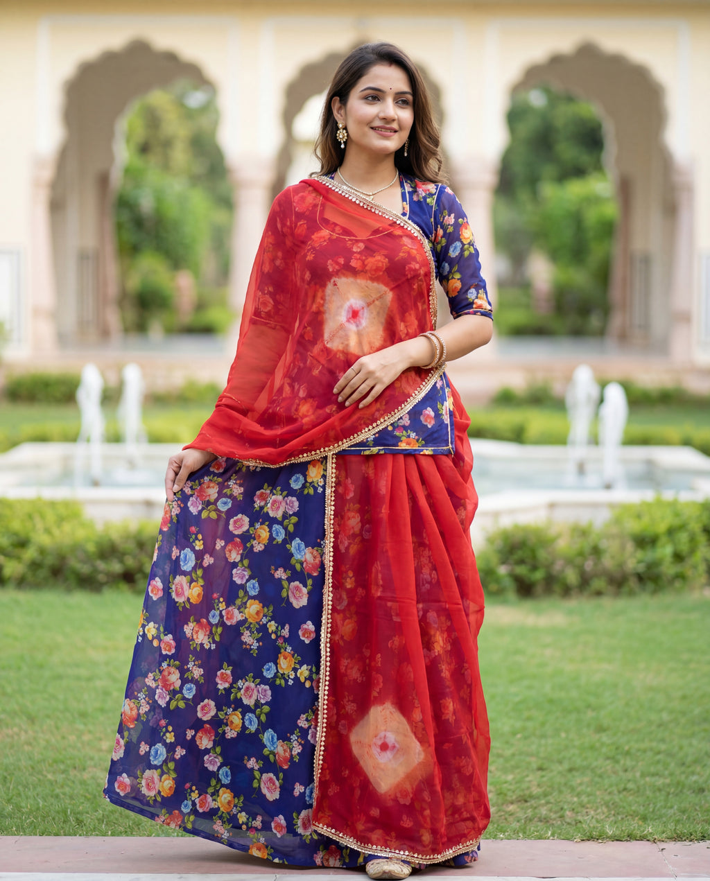'Jamuni Bahaar' - Deep Purple Floral Rajputi Suit Set + Red Shibori Odhani
