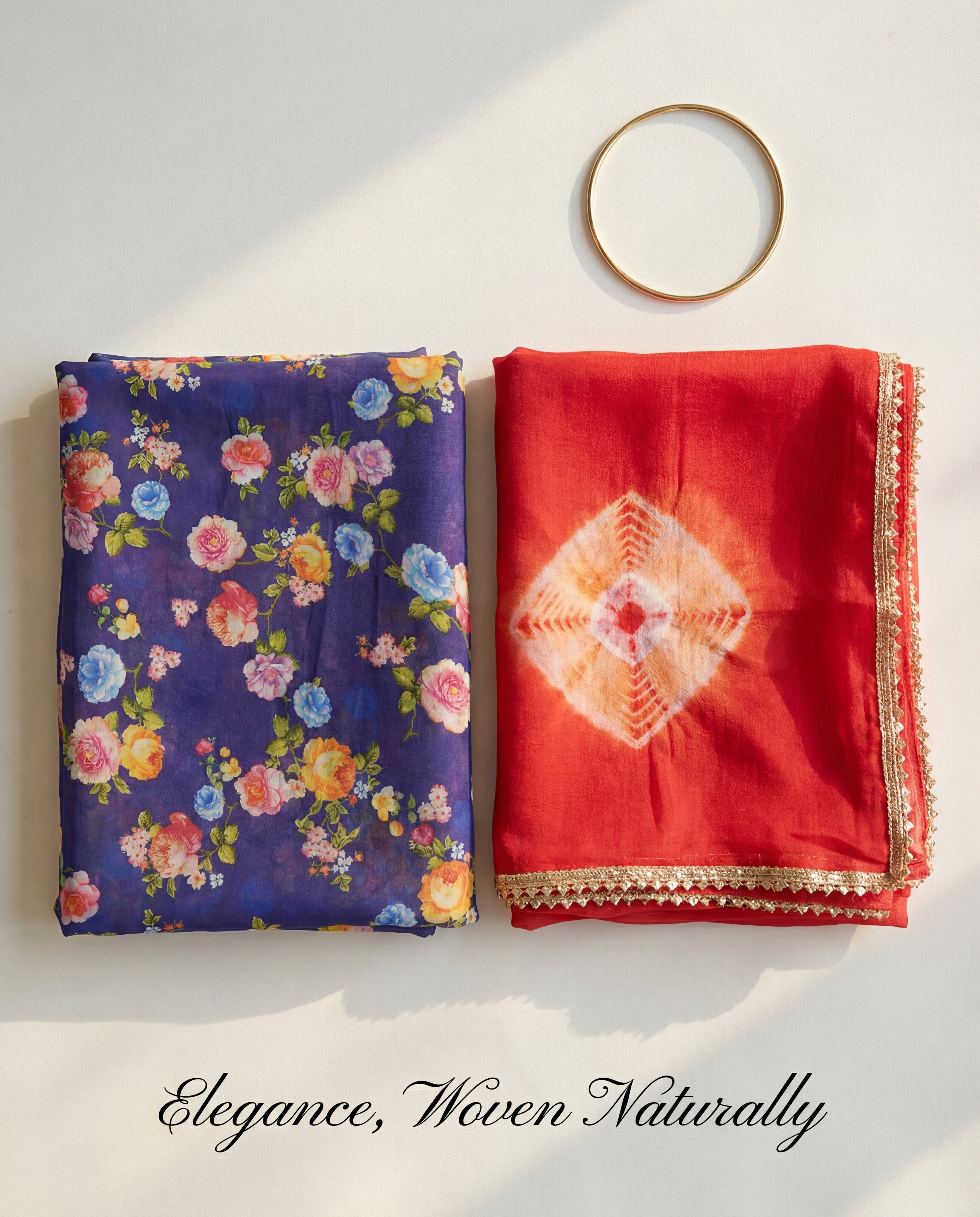 'Jamuni Bahaar' - Deep Purple Floral Rajputi Suit Set + Red Shibori Odhani