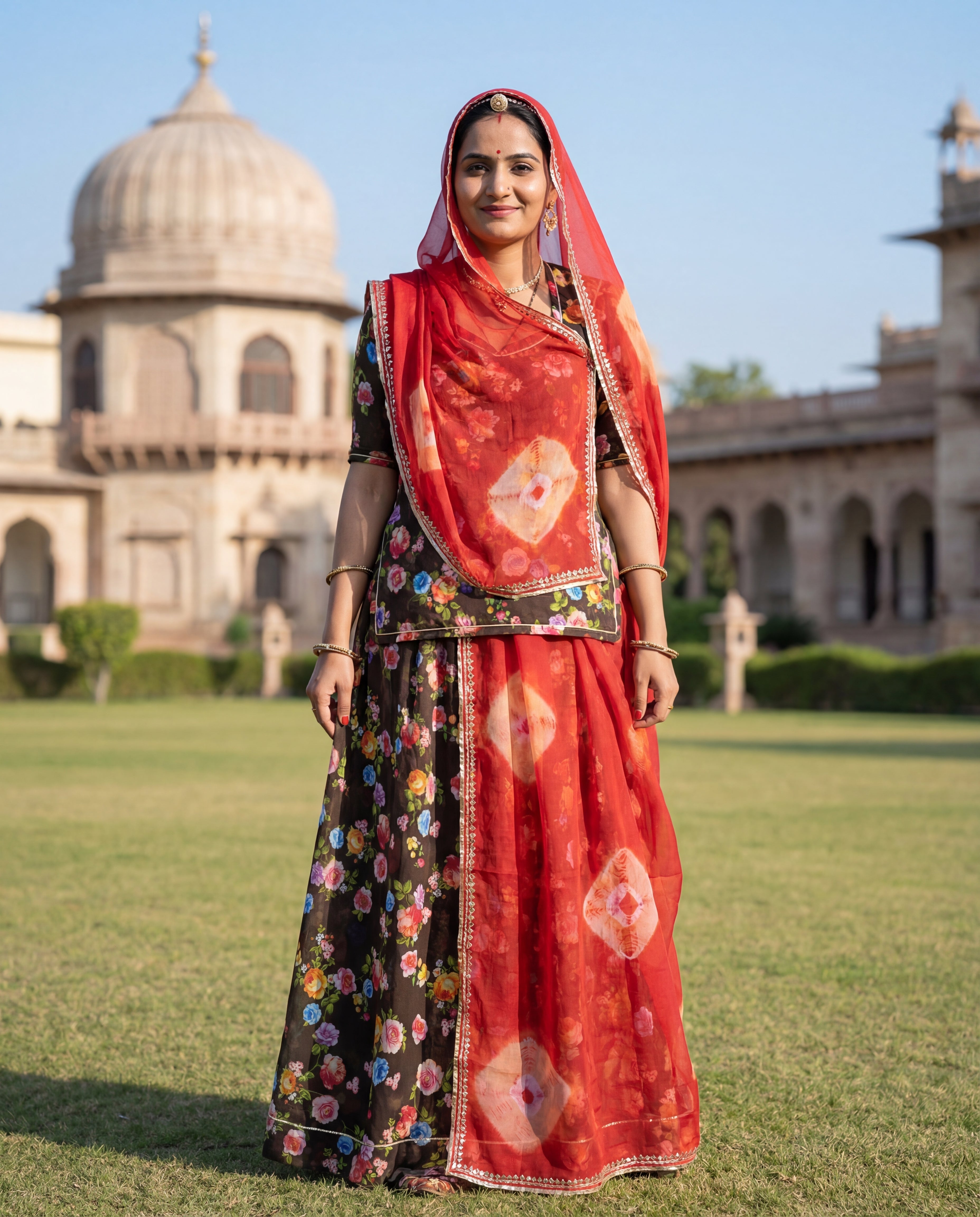 'Mehendi' - Dark Olive Green Floral Print Rajputi Suit Set + Red Shibori Odhani