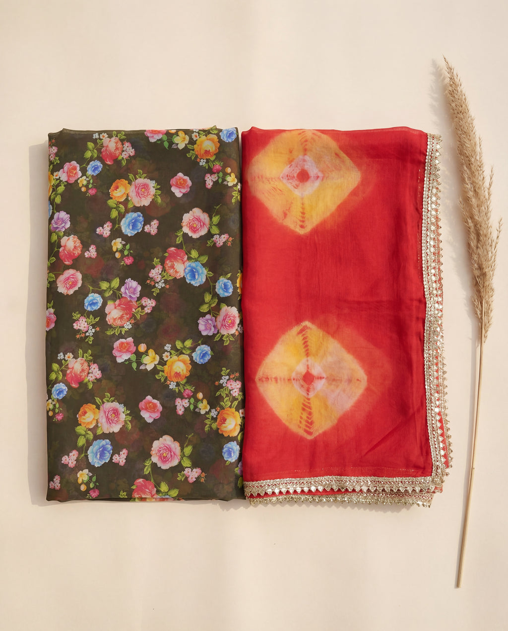 'Mehendi' - Dark Olive Green Floral Print Rajputi Suit Set + Red Shibori Odhani