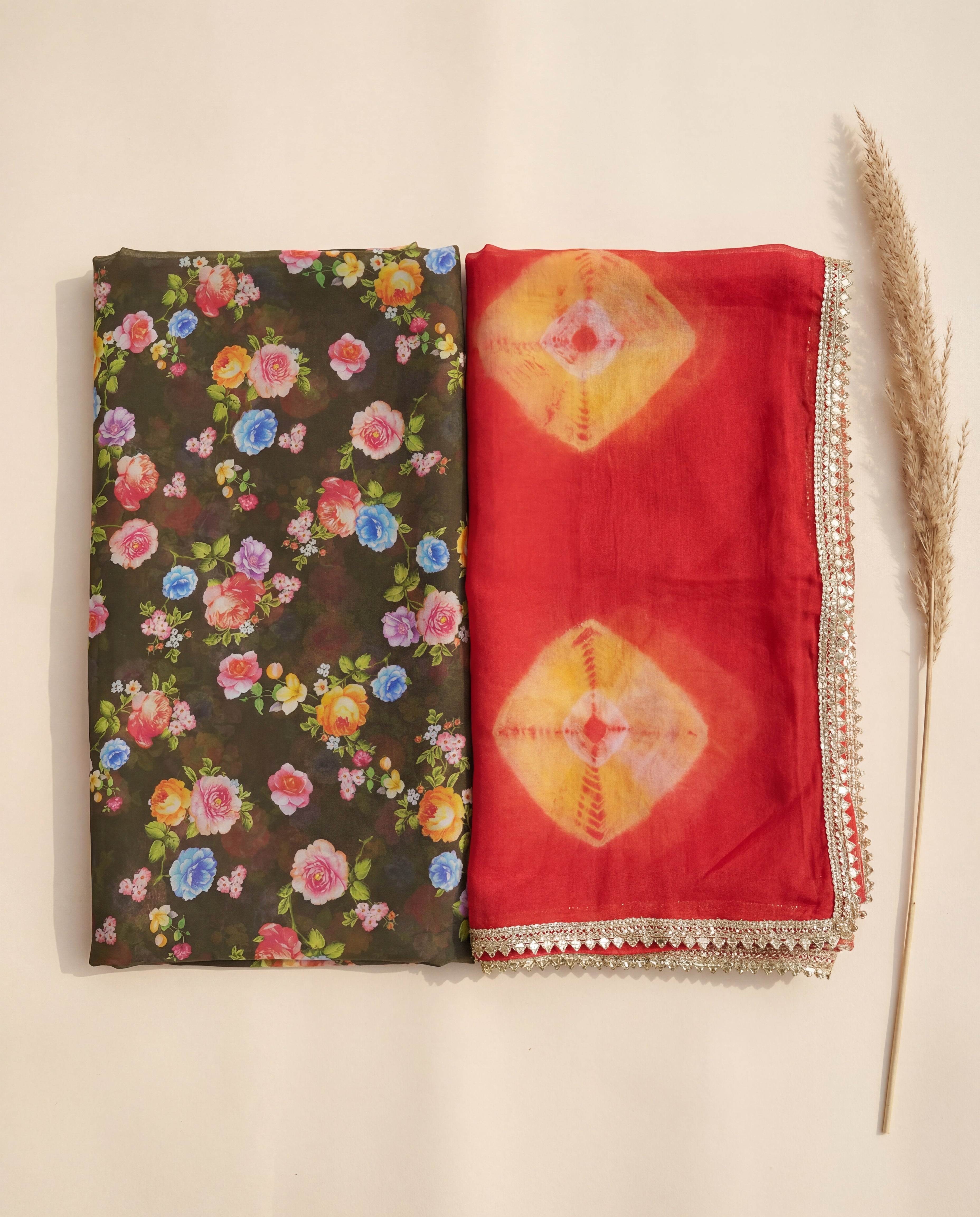 'Mehendi' - Dark Olive Green Floral Print Rajputi Suit Set + Red Shibori Odhani